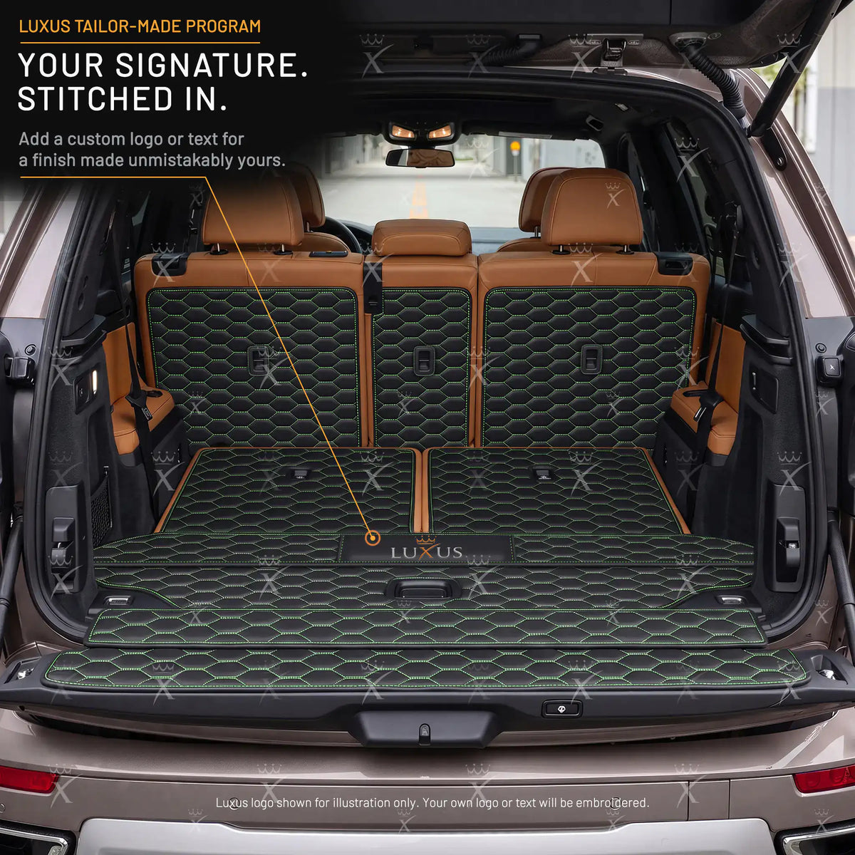 Luxus Honeycomb XtendFit Series Trunk Mat | Black & Green Stitching