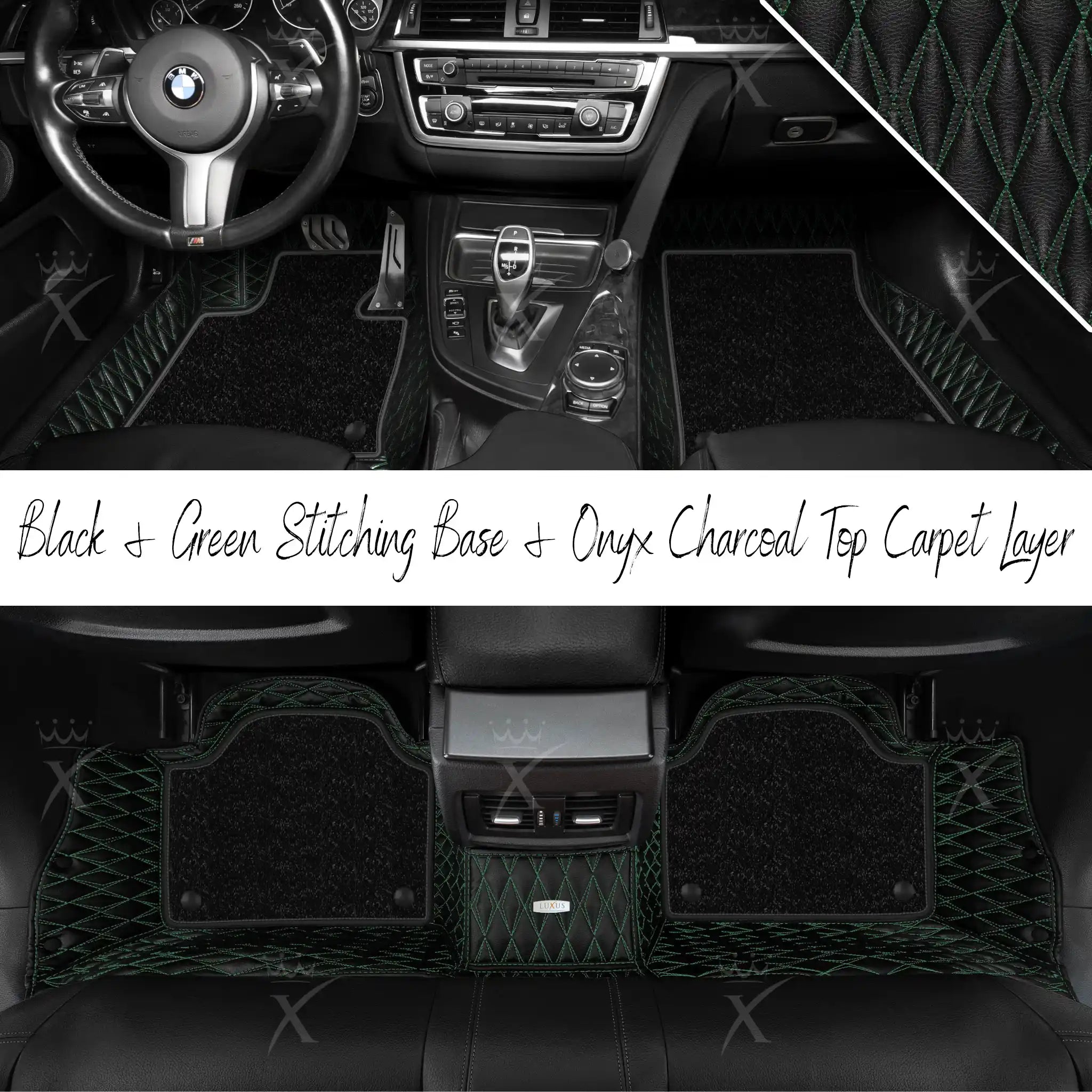 Black & Green Stitching Twin Diamond & Onyx Charcoal Carpet | Double Layer Luxury Car Mats Set