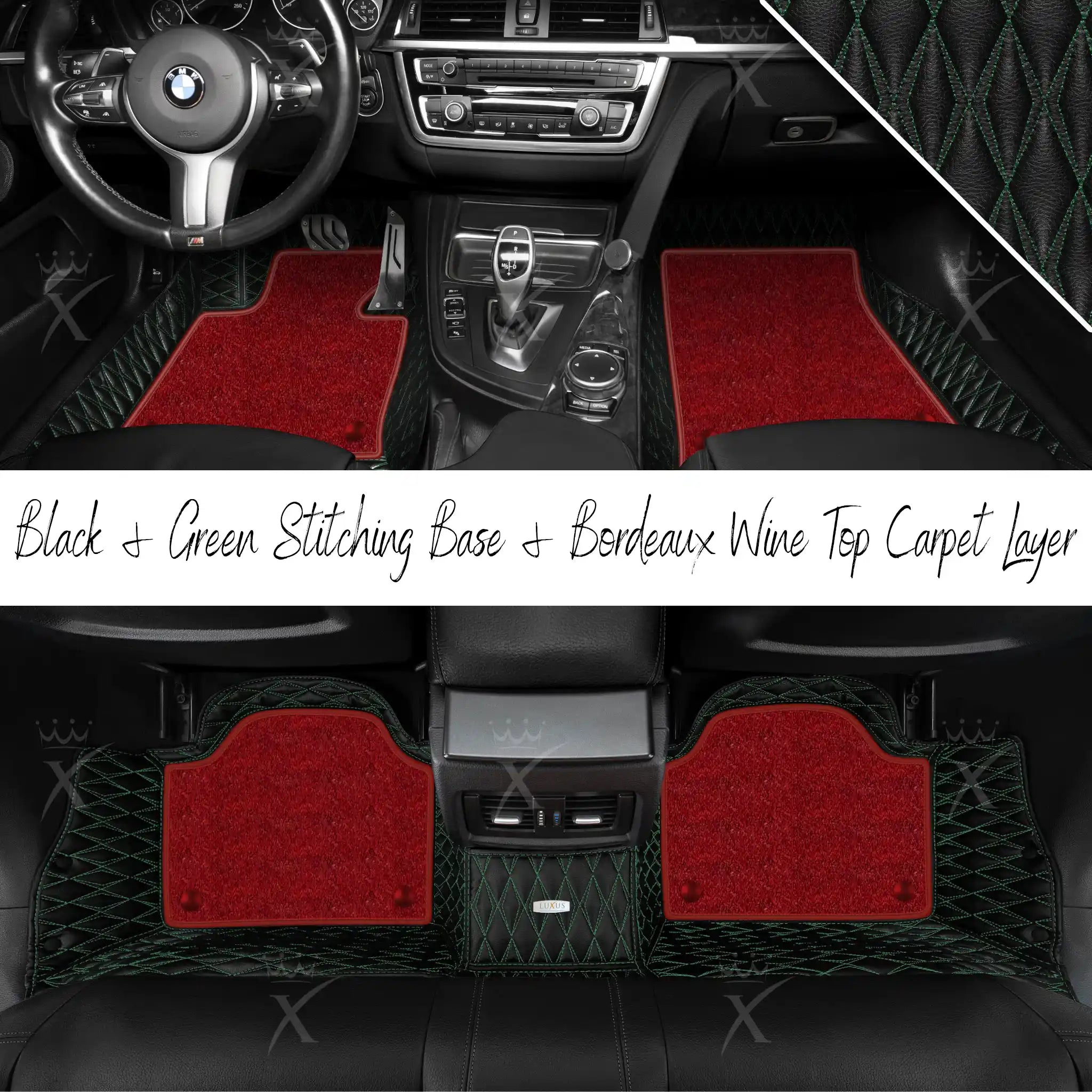 Black & Green Stitching Twin Diamond & Bordeaux Wine Carpet | Double Layer Luxury Car Mats Set