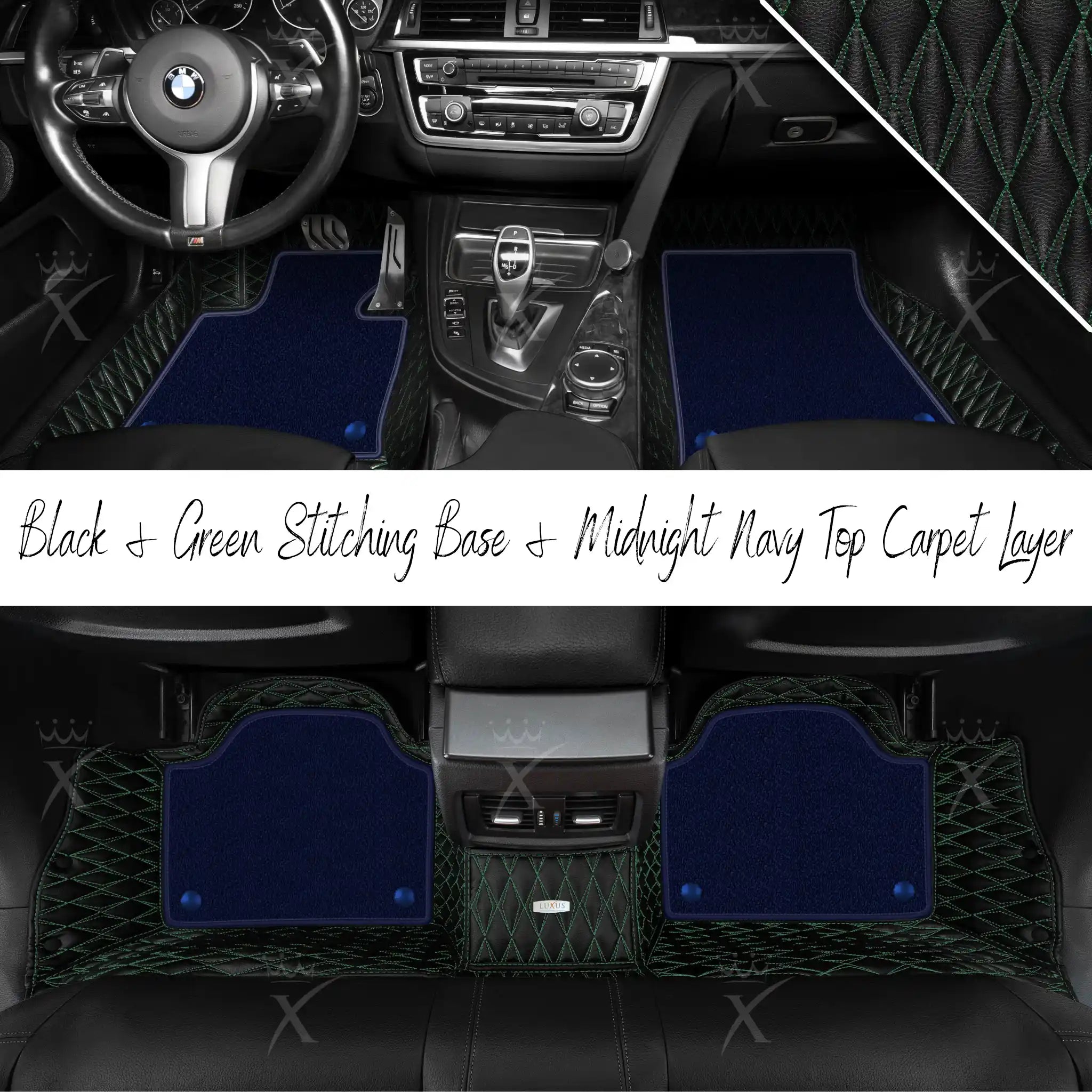 Black & Green Stitching Twin Diamond & Midnight Navy Carpet | Double Layer Luxury Car Mats Set
