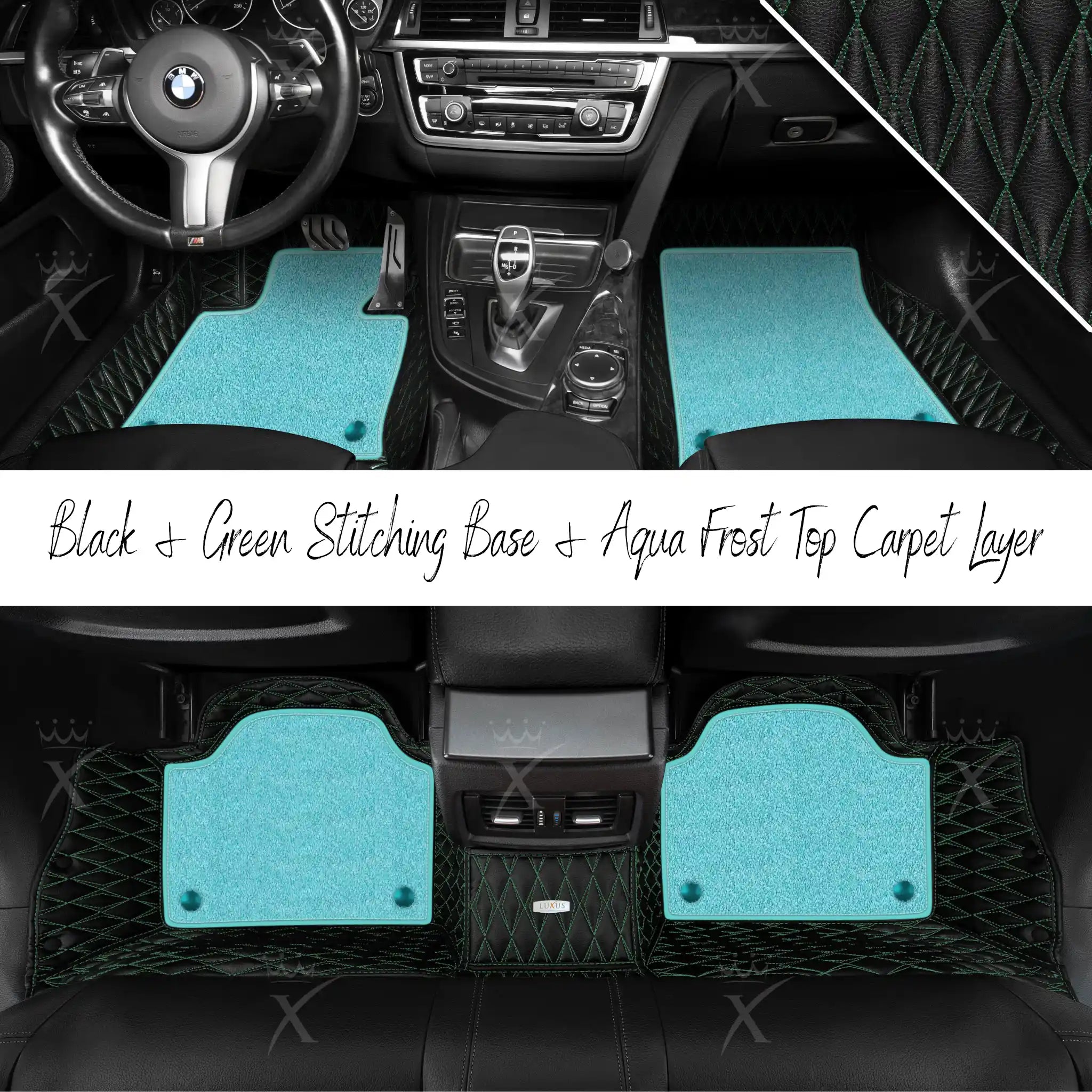 Black & Green Stitching Twin Diamond & Aqua Frost Carpet | Double Layer Luxury Car Mats Set