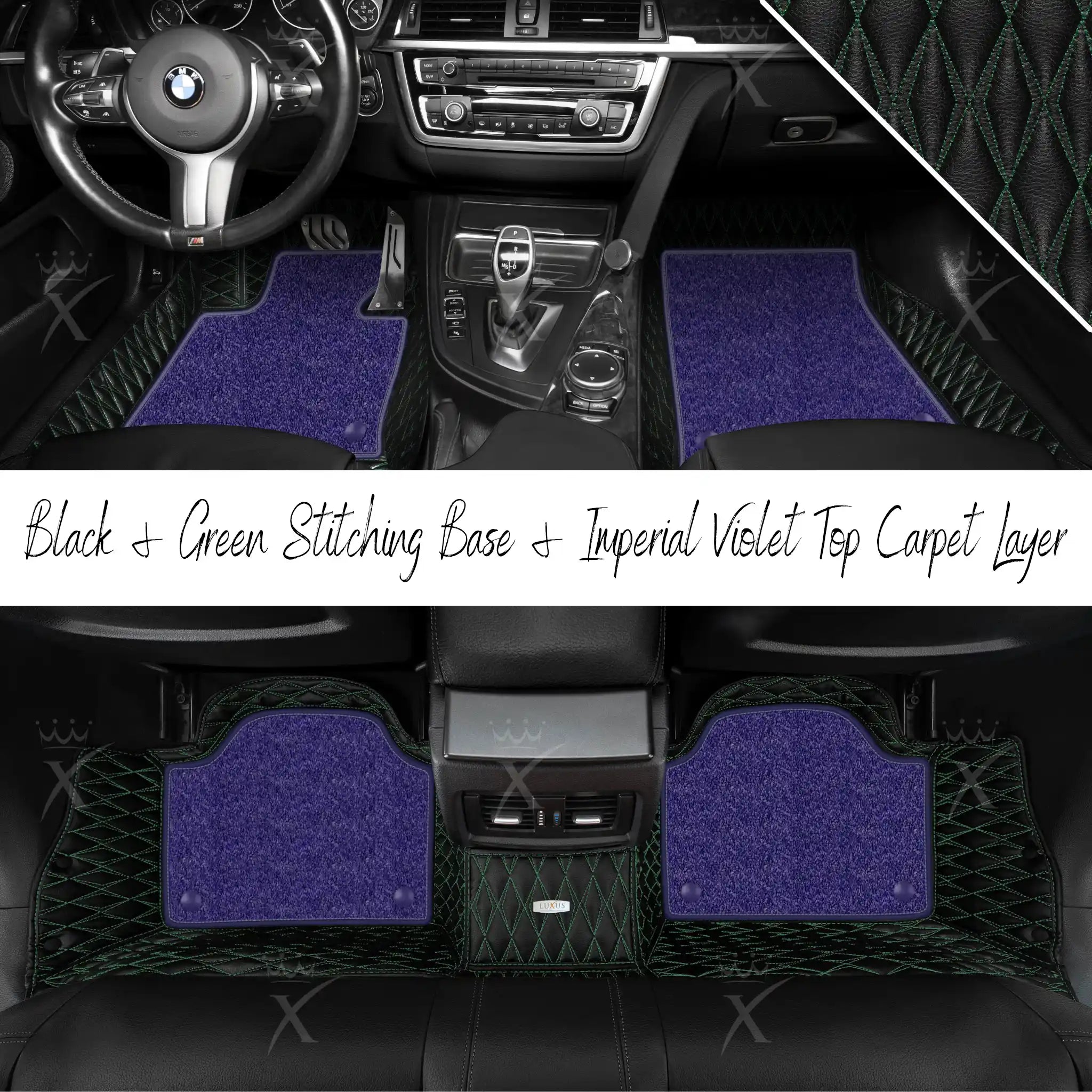 Black & Green Stitching Twin Diamond & Imperial Violet Carpet | Double Layer Luxury Car Mats Set