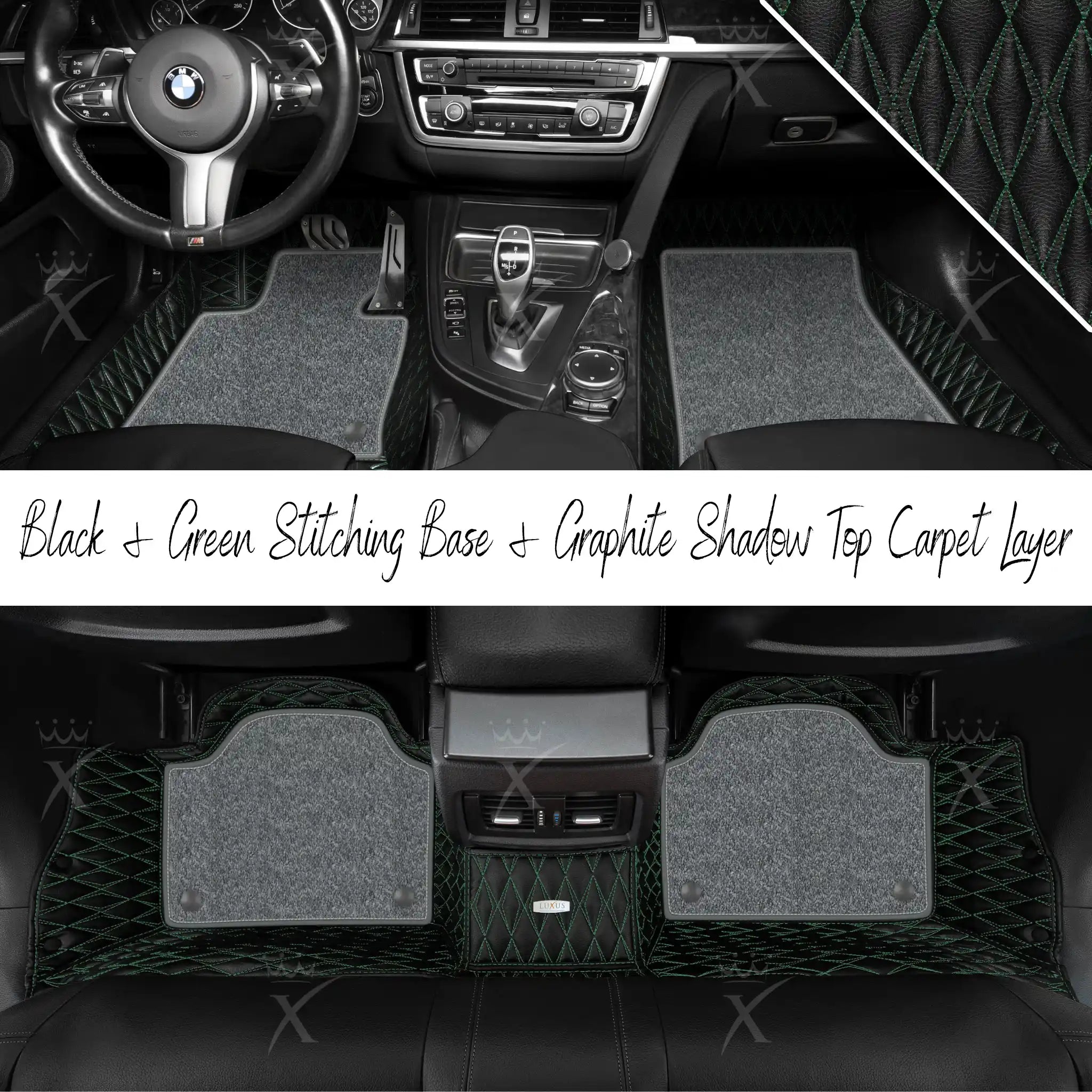 Black & Green Stitching Twin Diamond & Graphite Shadow Carpet | Double Layer Luxury Car Mats Set