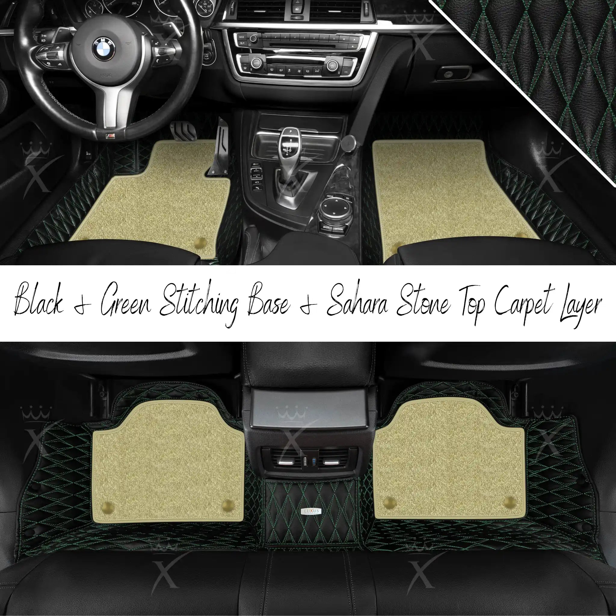 Black & Green Stitching Twin Diamond & Sahara Stone Carpet | Double Layer Luxury Car Mats Set
