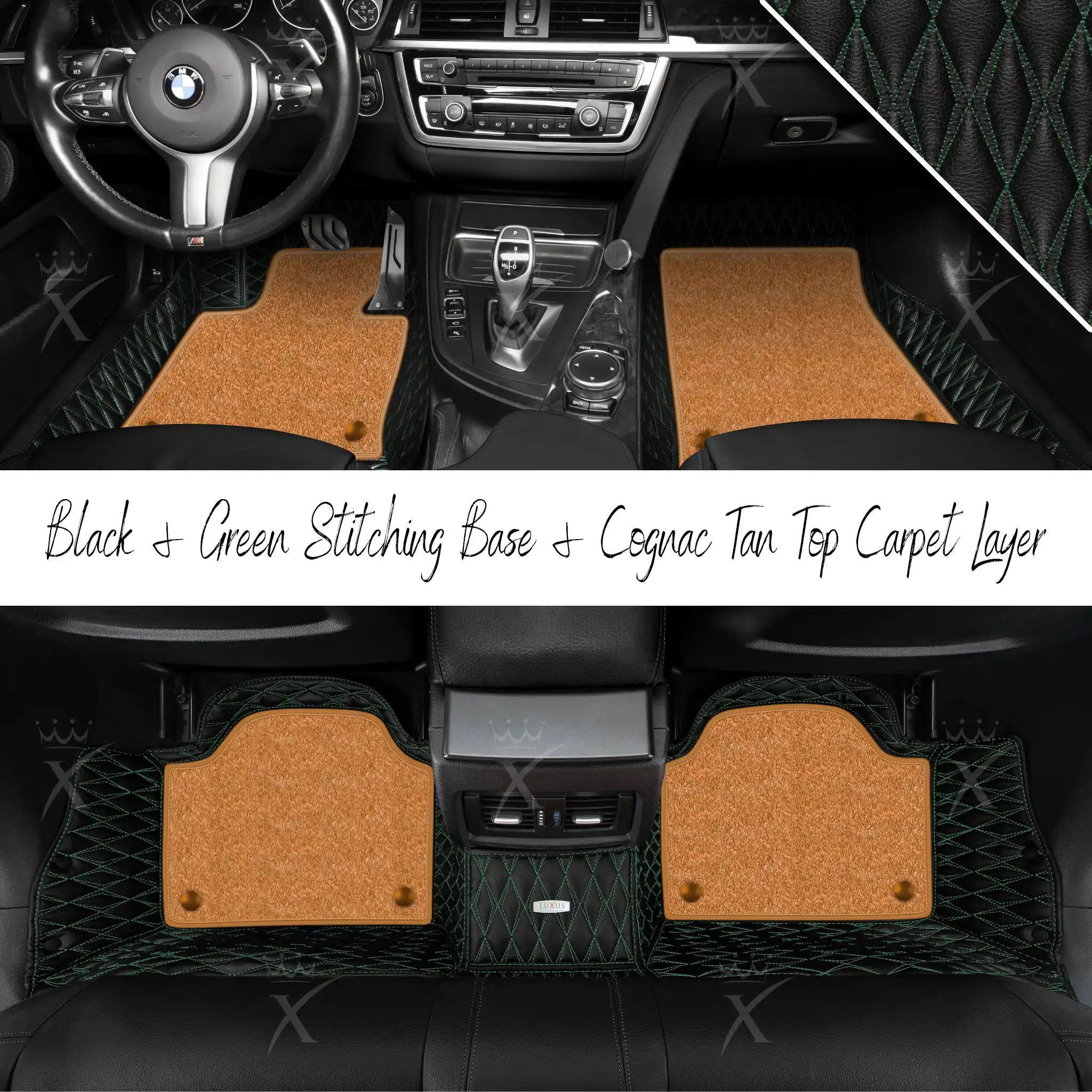 Black & Green Stitching Twin Diamond & Cognac Tan Carpet | Double Layer Luxury Car Mats Set