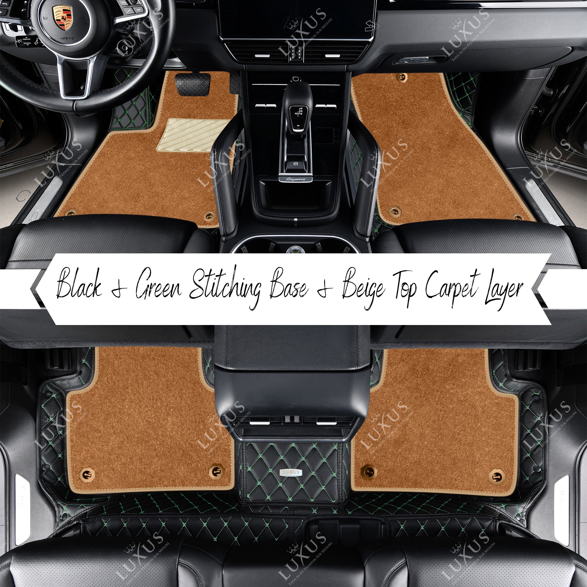 Black & Green Stitching Diamond Base & Beige Top Carpet Double Layer Luxury Car Mats Set