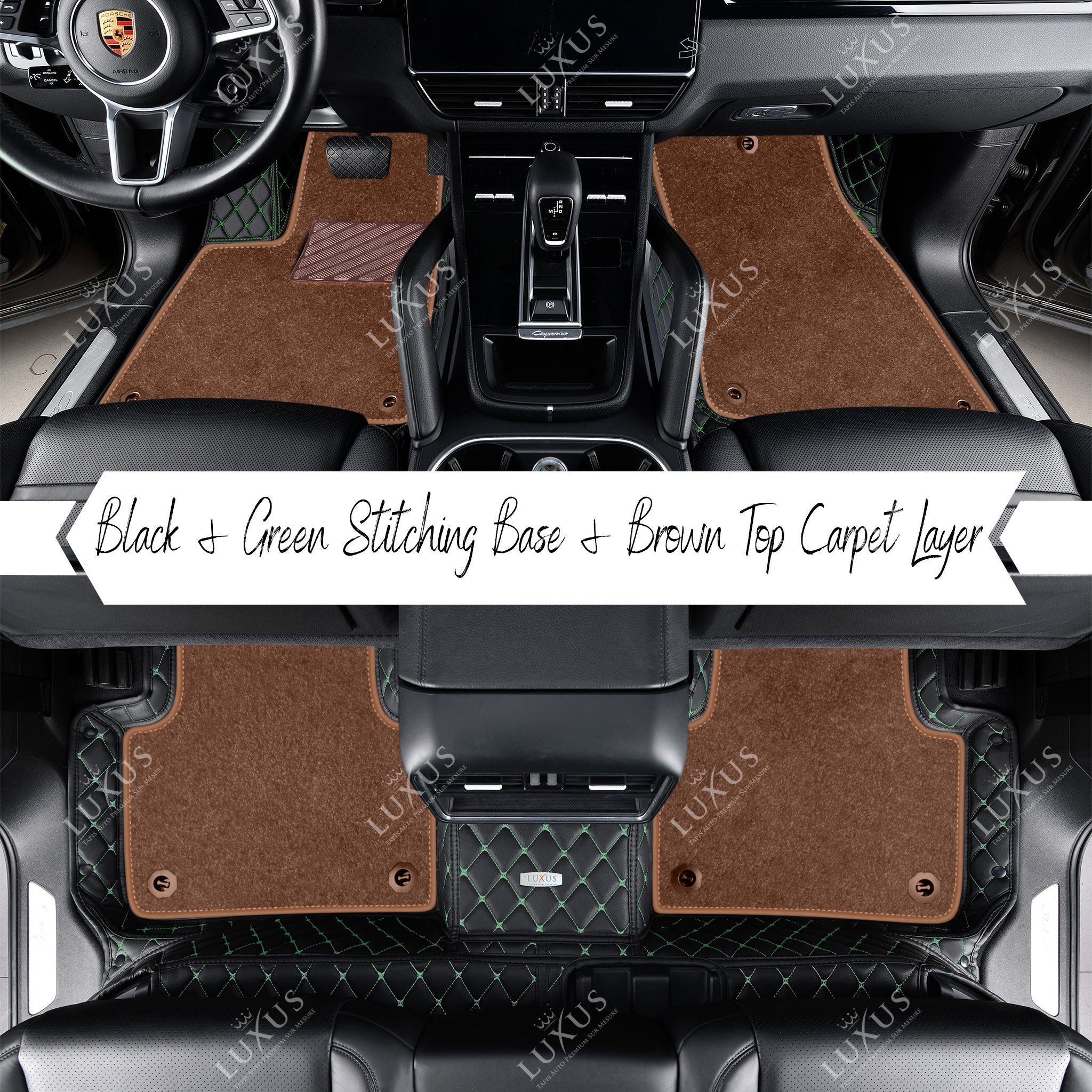 Black & Green Stitching Diamond & Brown Carpet | Double Layer Luxury Car Mats Set