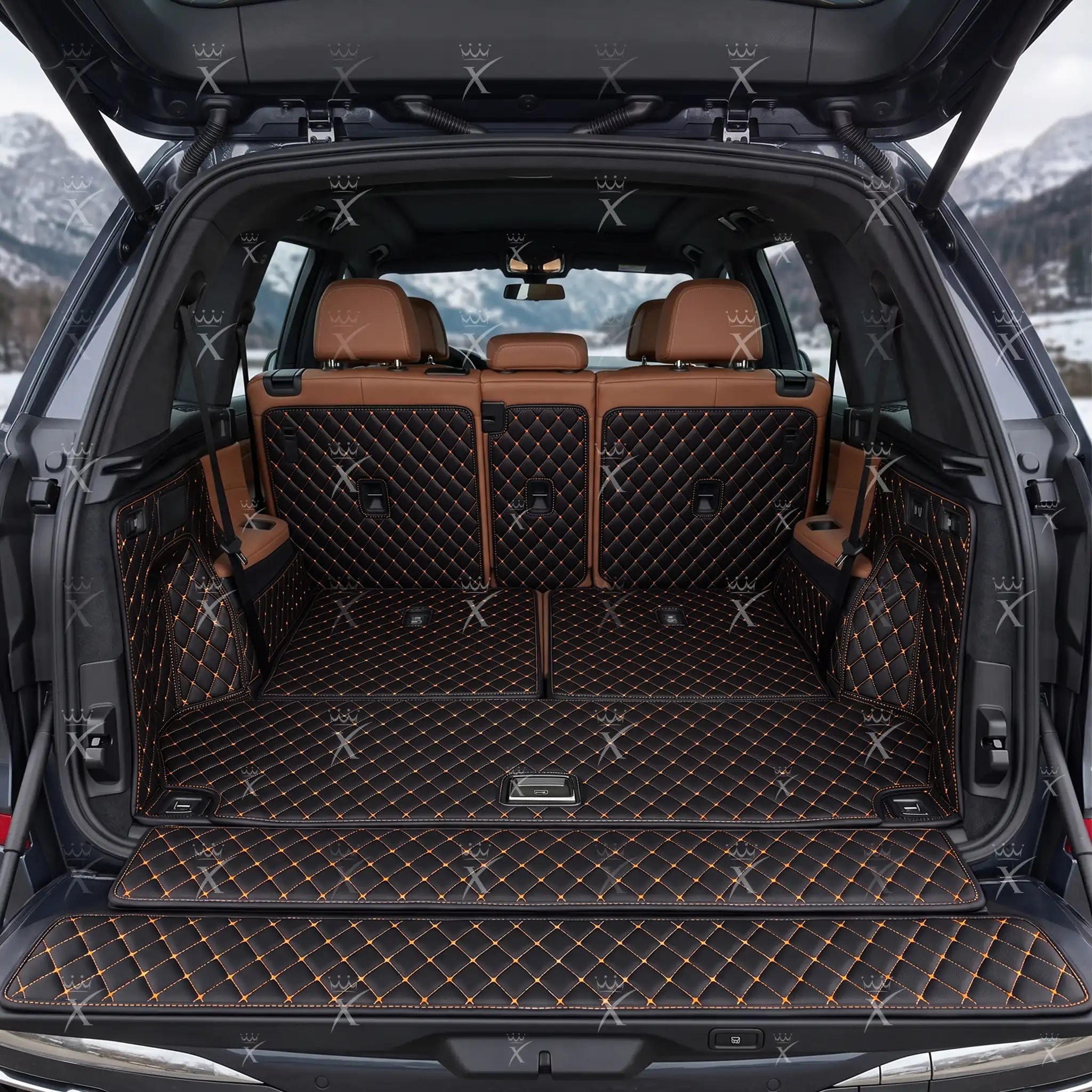 Tappetini per auto Luxus™ - Tappetino per bagagliaio/stivale in pelle di lusso 3D con cuciture nere e arancioni