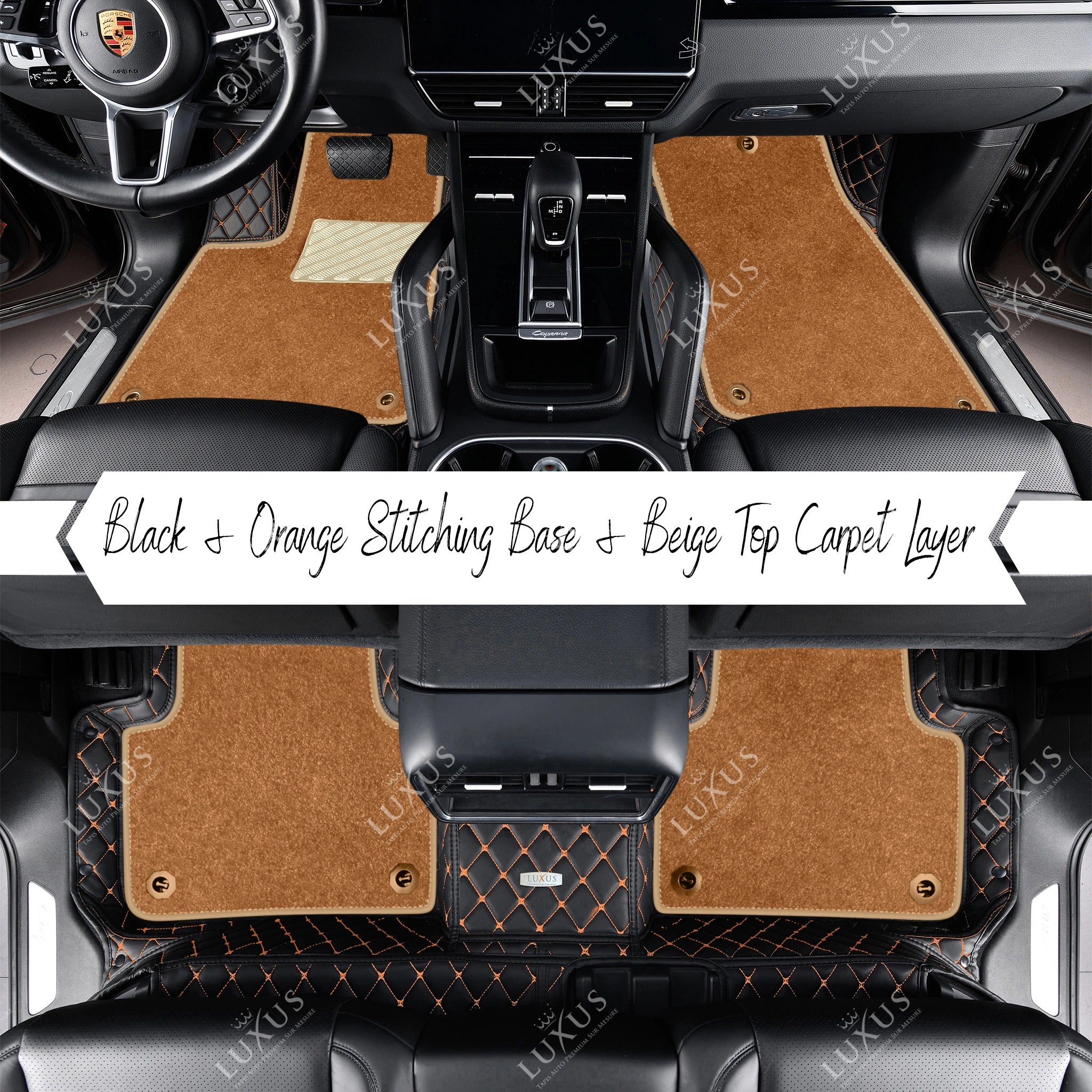 Black & Orange Stitching Diamond Base & Beige Top Carpet Double Layer Luxury Car Mats Set