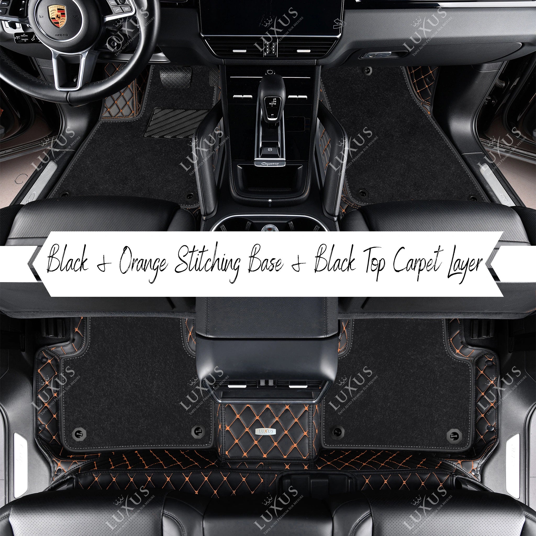 Black & Orange Stitching Diamond Base & Black Top Carpet Double Layer Luxury Car Mats Set