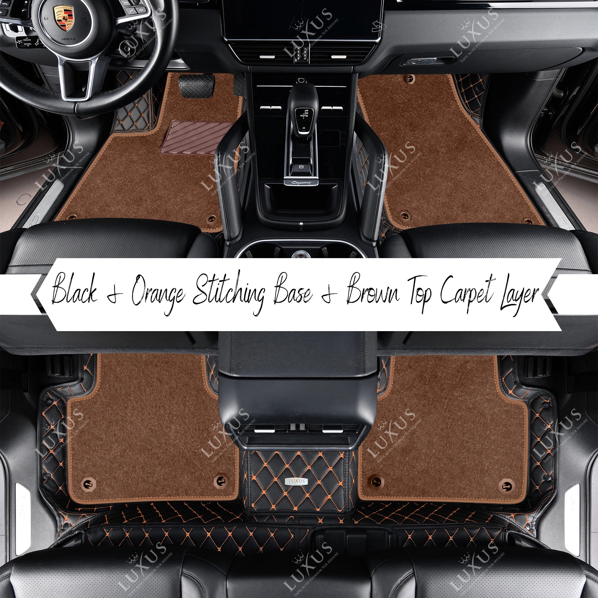 Black & Orange Stitching Diamond Base & Brown Top Carpet Double Layer Luxury Car Mats Set