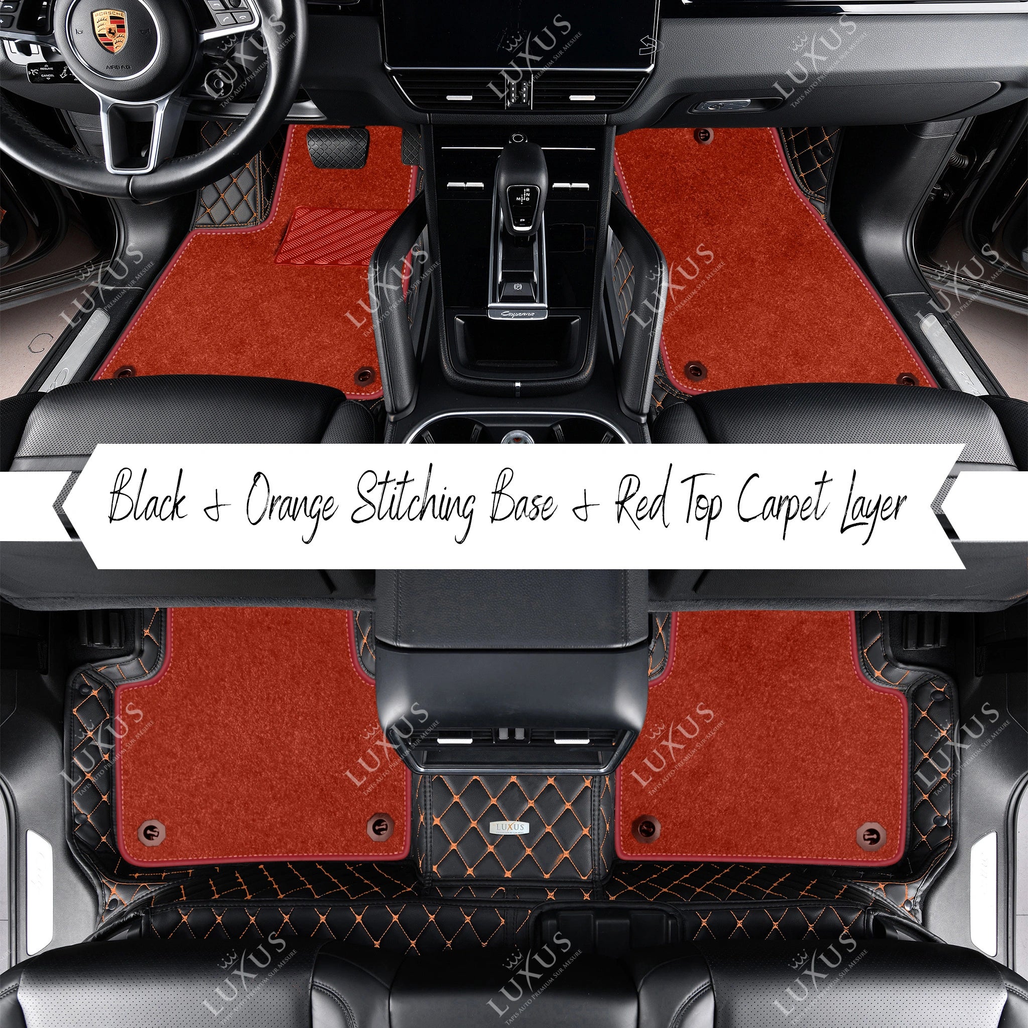 Black & Orange Stitching Diamond Base & Red Top Carpet Double Layer Luxury Car Mats Set