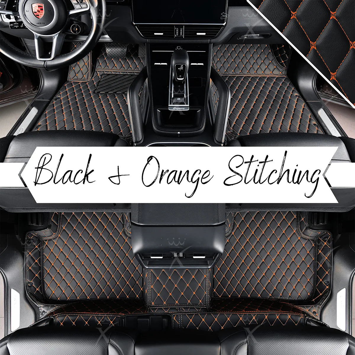 Luxus Premium Diamond Custom Car Mats Set | Black & Orange Stitching
