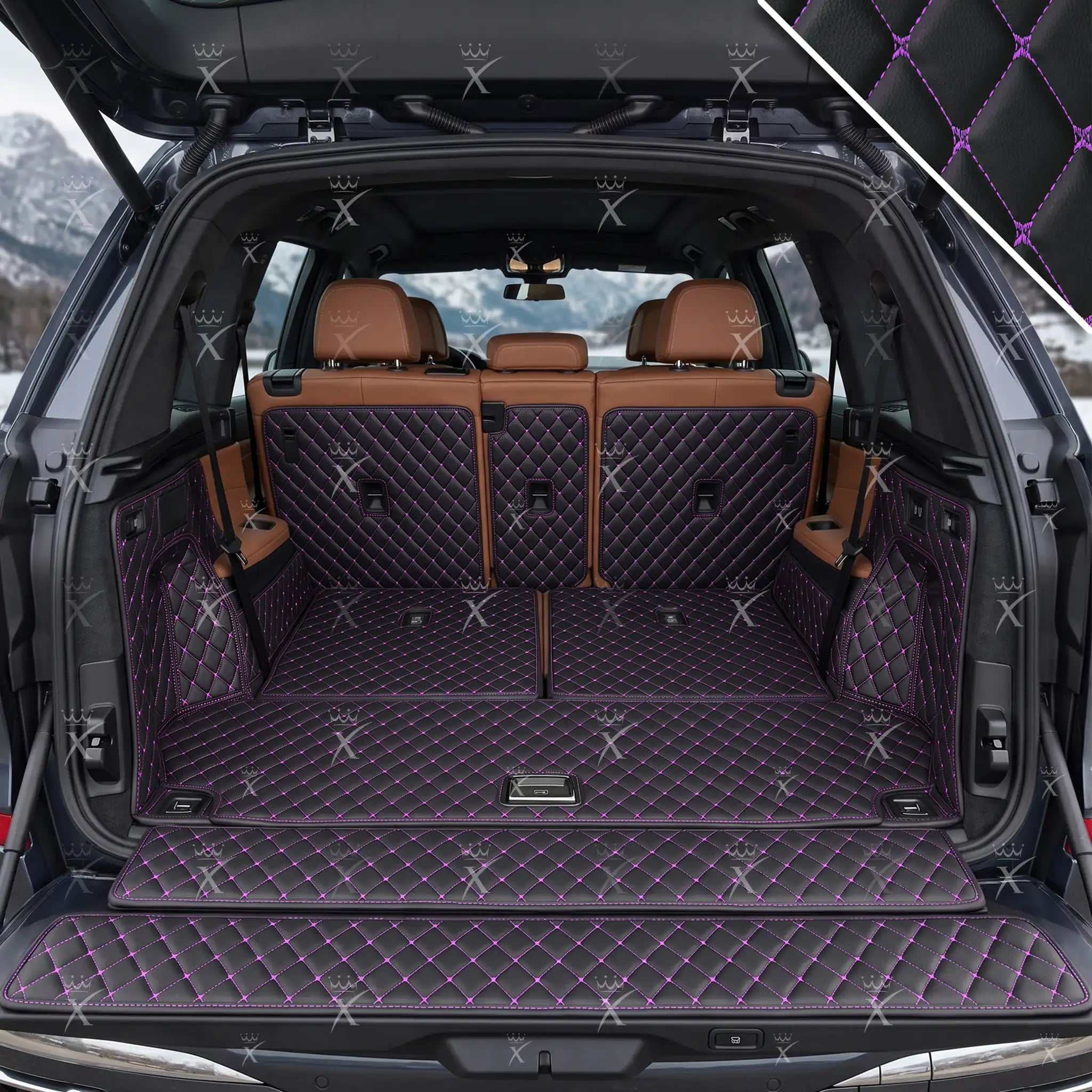 Tappetini per auto Luxus™ - Tappetino per bagagliaio/stivale in pelle di lusso 3D con cuciture nere e viola