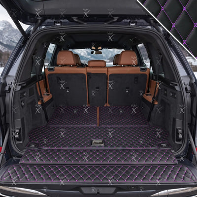 Luxus Car Mats™ - Tapete para maletero/maletero de cuero de lujo con costuras negras y moradas