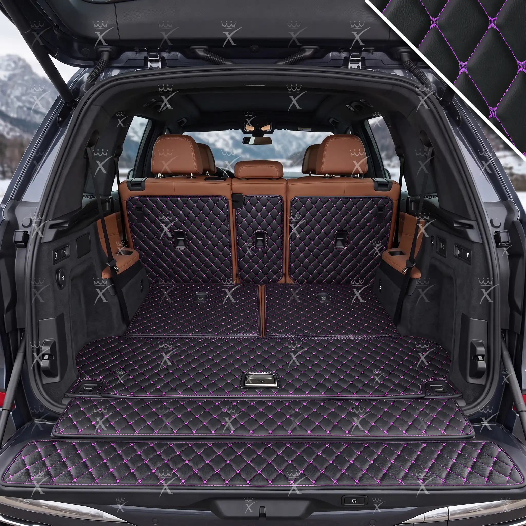 Luxus Diamond XtendFit Series Trunk Mat | Black & Purple Stitching