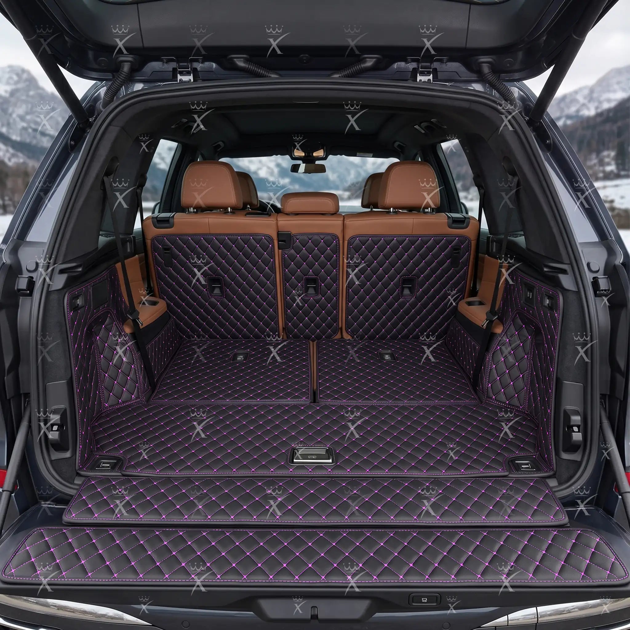 Tappetini per auto Luxus™ - Tappetino per bagagliaio/stivale in pelle di lusso 3D con cuciture nere e viola