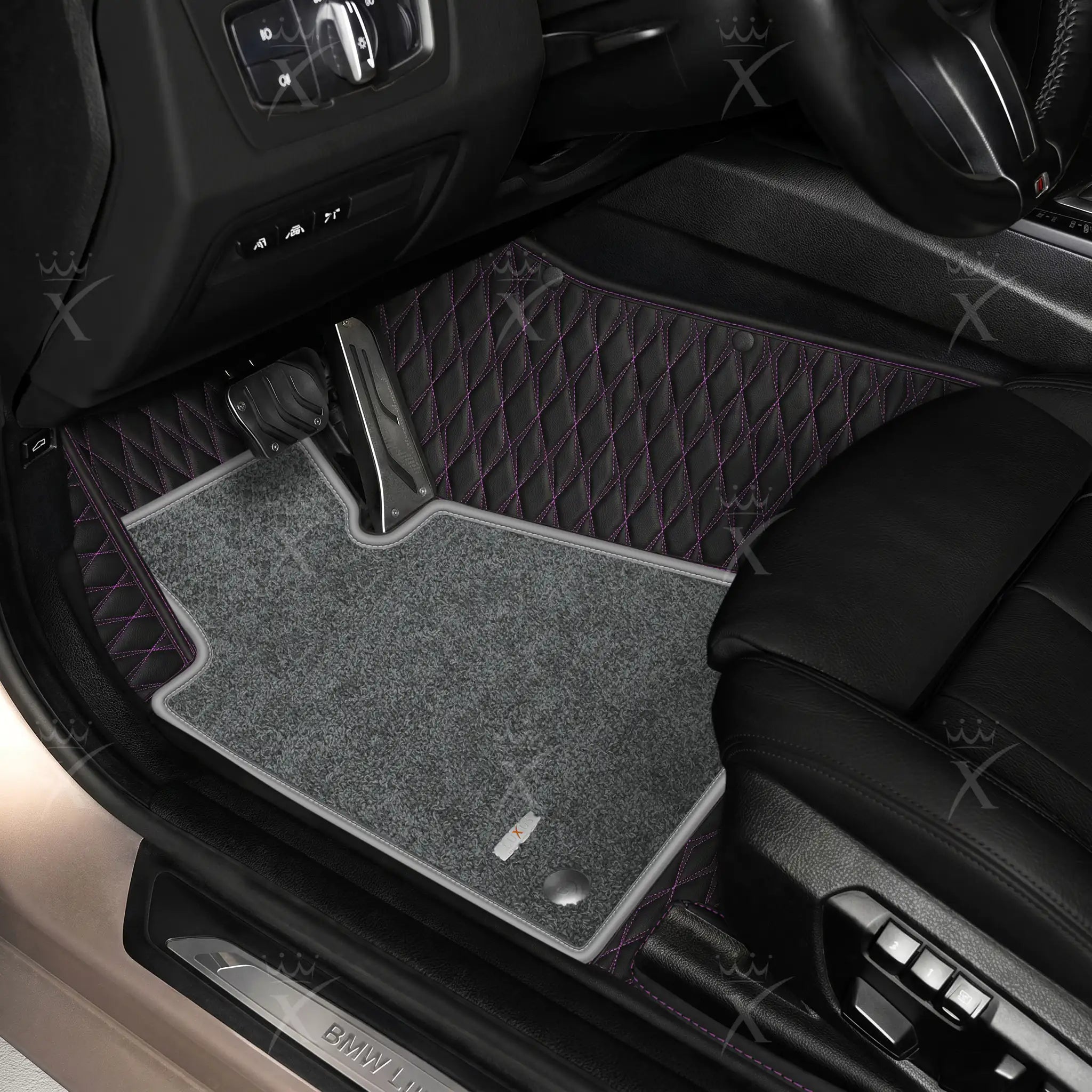 Luxus Twin-Diamond Double Layer Series Floor Mats | Black & Purple Stitching & Graphite Shadow Top Carpet