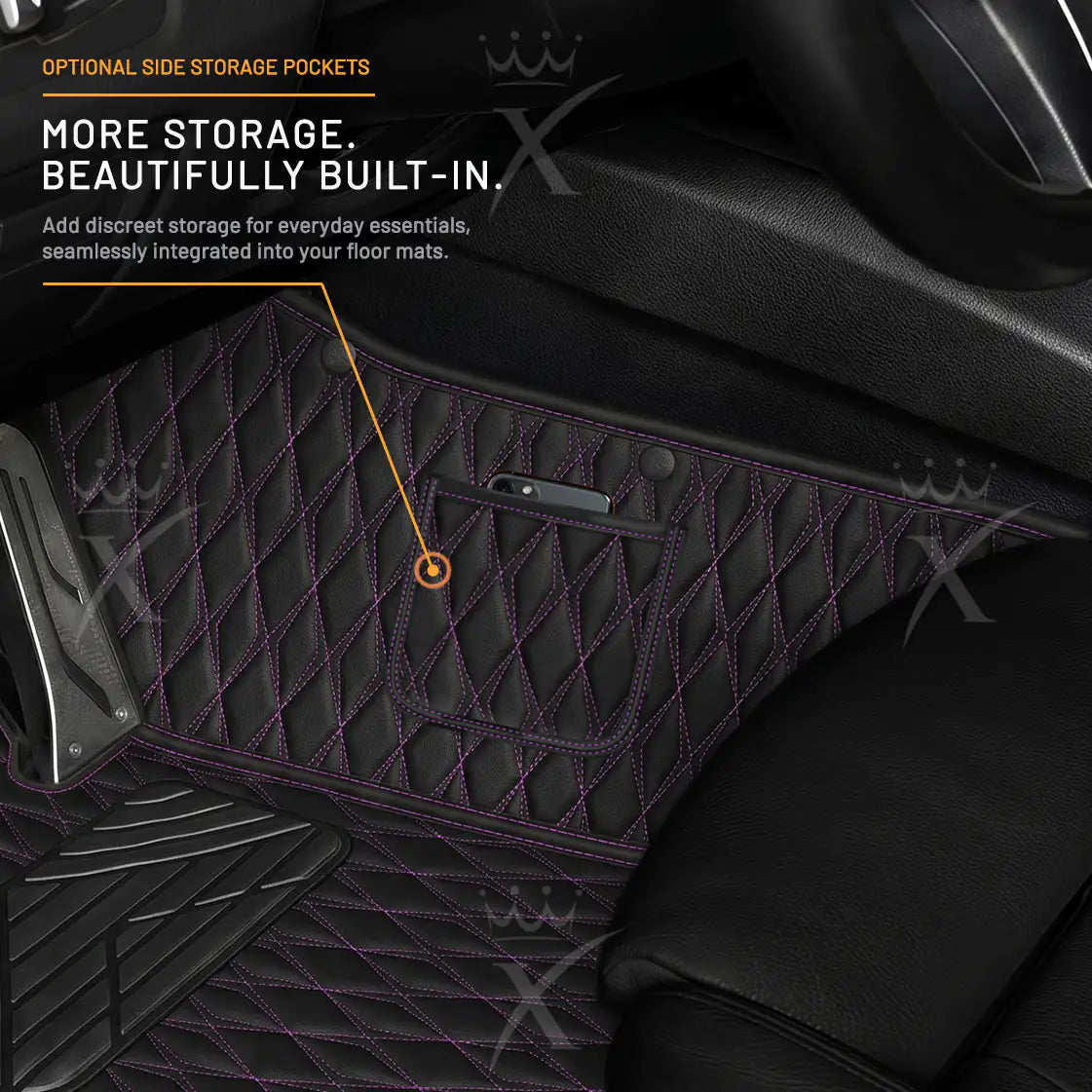Luxus Twin-Diamond Double Layer Series Floor Mats | Black & Purple Stitching & Graphite Shadow Top Carpet