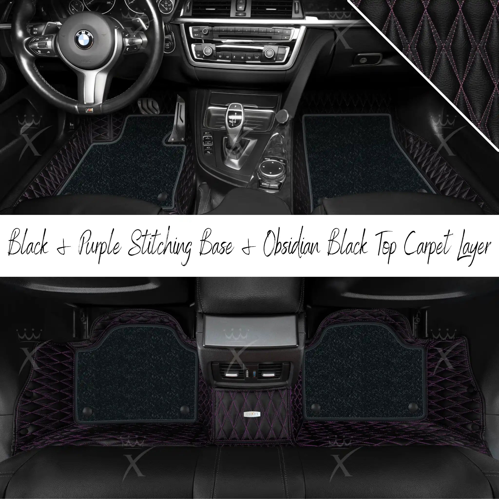 Black & Purple Stitching Twin Diamond & Obsidian Black Carpet | Double Layer Luxury Car Mats Set