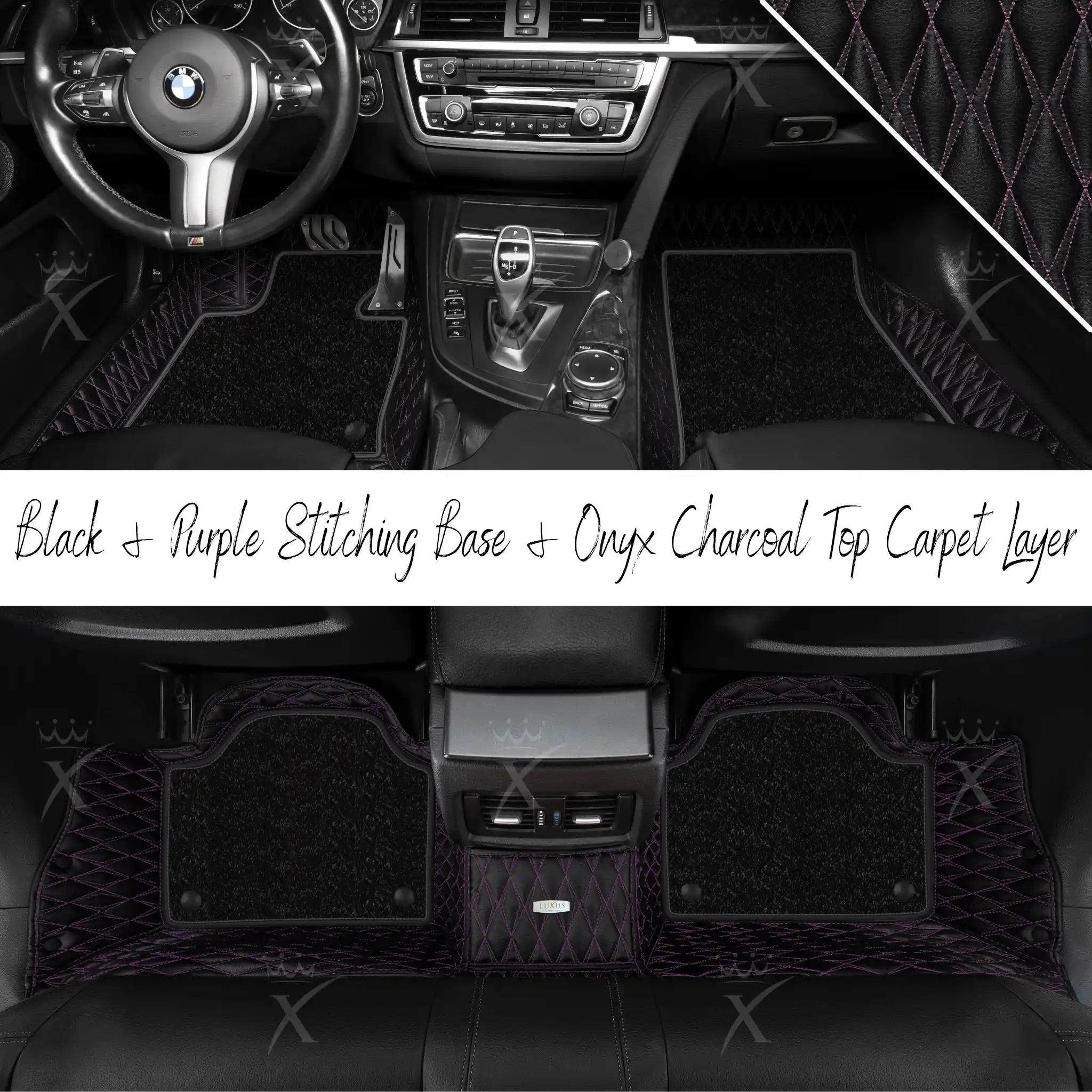 Black & Purple Stitching Twin Diamond & Onyx Charcoal Carpet | Double Layer Luxury Car Mats Set