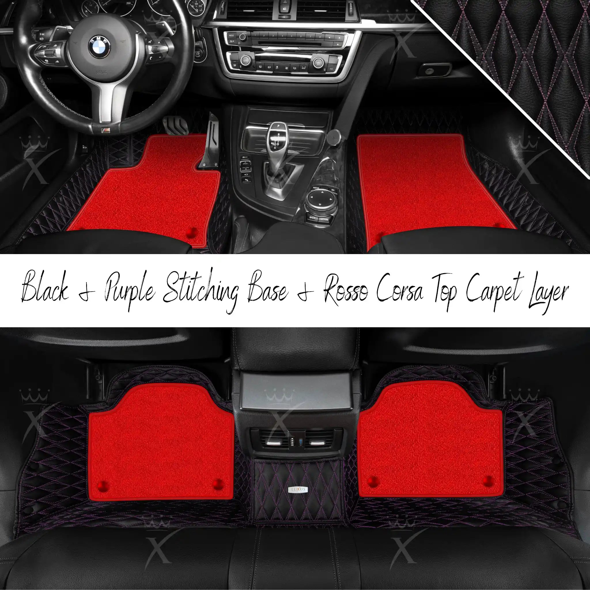 Black & Purple Stitching Twin Diamond & Rosso Corsa Carpet | Double Layer Luxury Car Mats Set