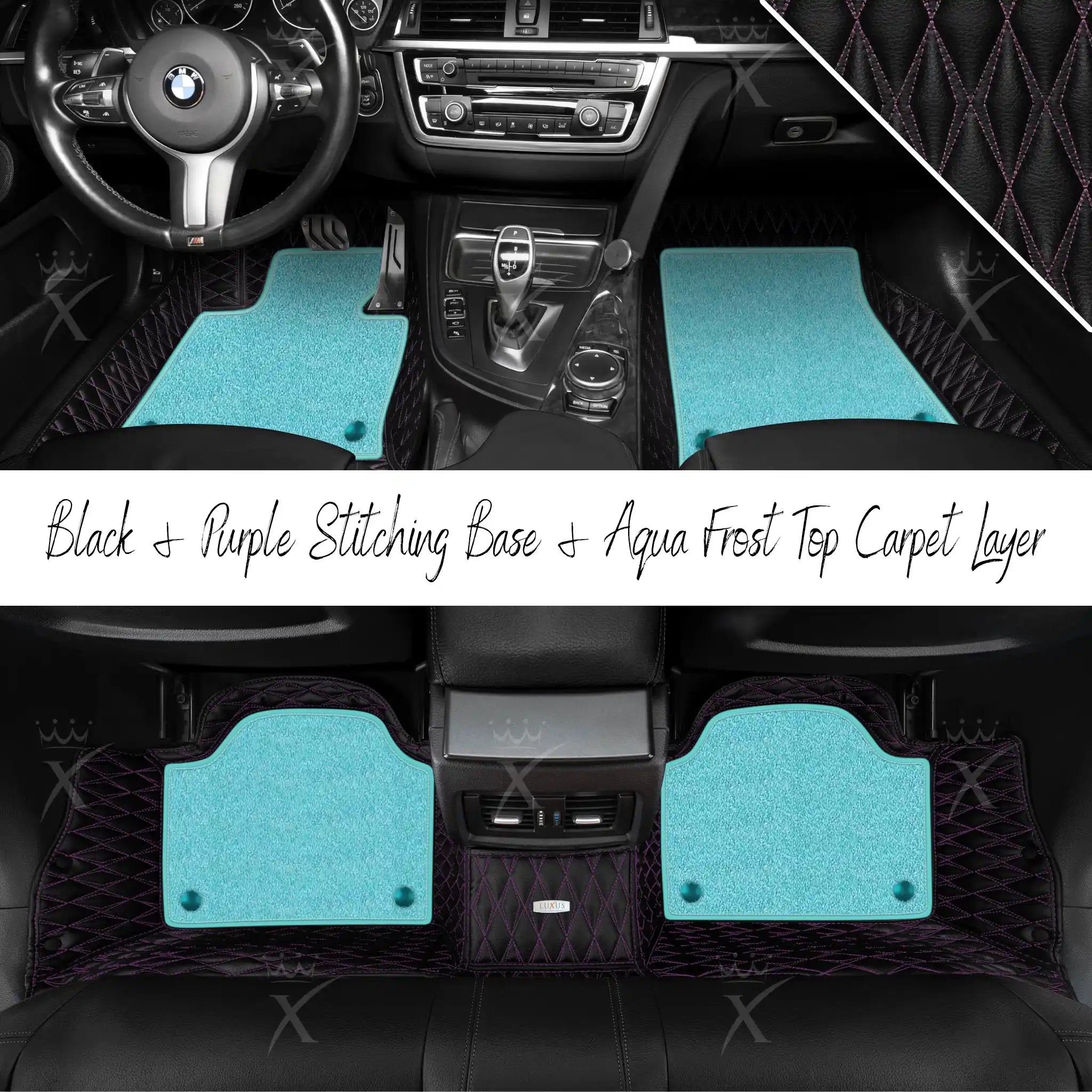 Black & Purple Stitching Twin Diamond & Aqua Frost Carpet | Double Layer Luxury Car Mats Set