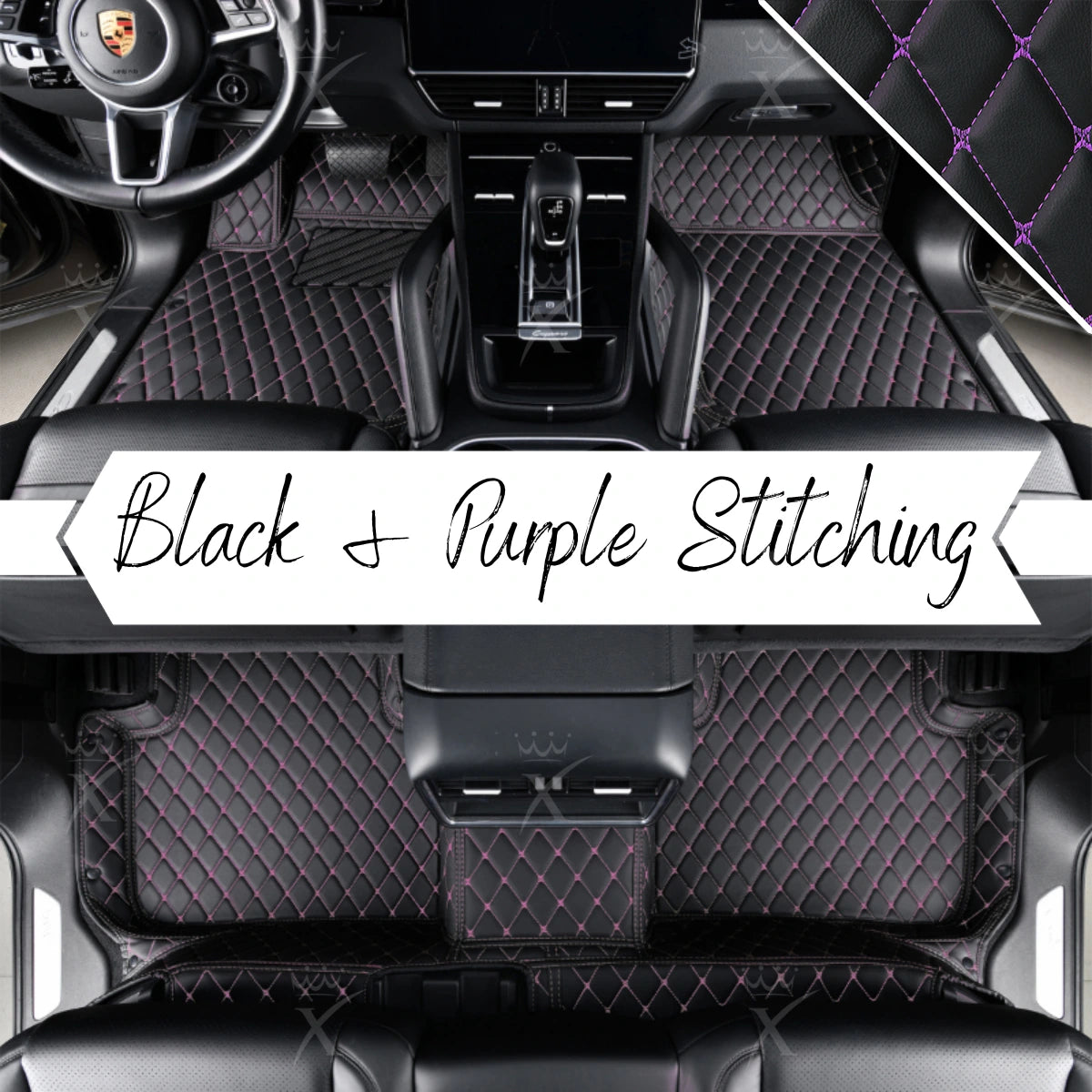 Luxus Premium Diamond Custom Car Mats Set | Black & Purple Stitching