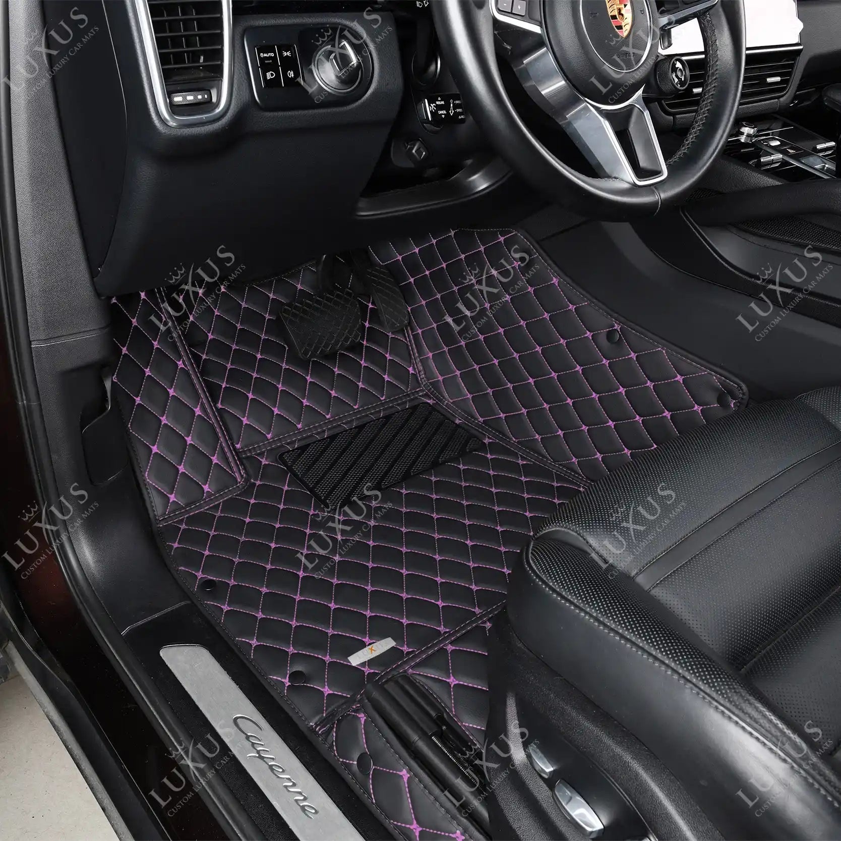 Luxus Car Mats™ - Juego de alfombrillas de lujo con costuras negras y moradas