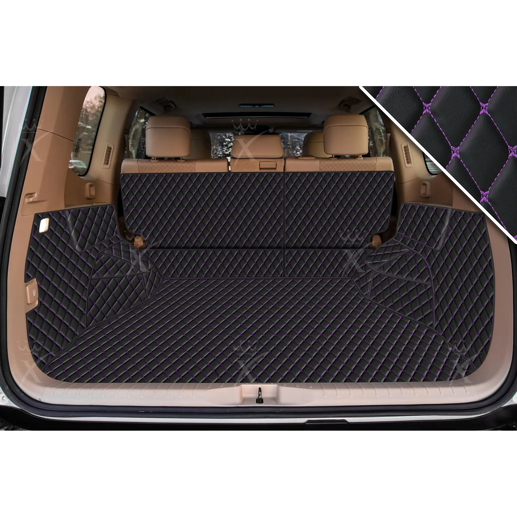 Luxus Car Mats™ – 3D-Luxus-Leder-Kofferraum-/Kofferraummatte mit schwarzen und lila Nähten