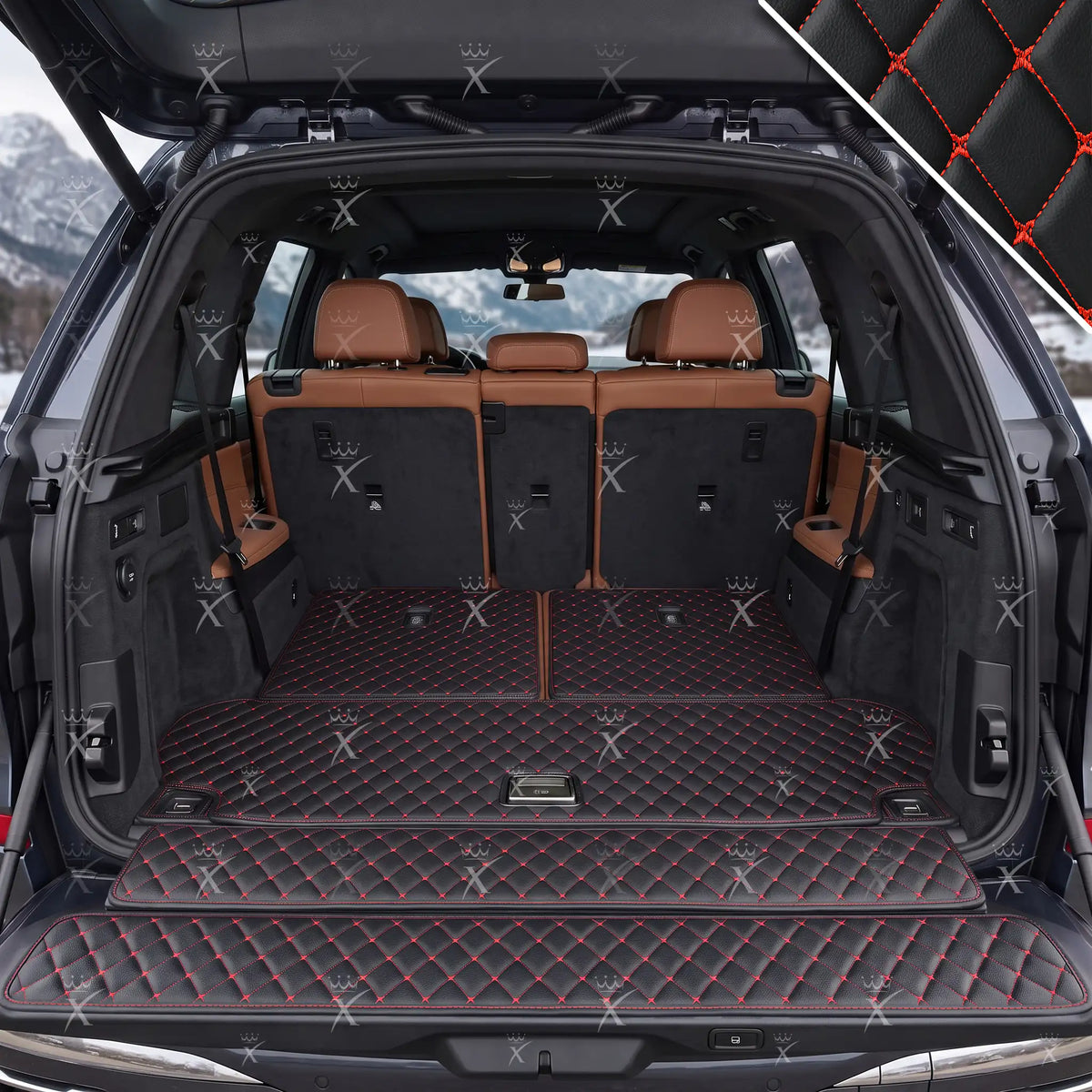 Luxus Diamond BaseFit Series Trunk Mat | Black & Red Stitching