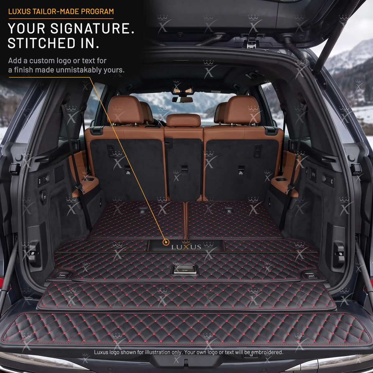 Luxus Car Mats™ – Luxus-Leder-Kofferraum-/Kofferraummatte mit schwarzen und roten Nähten