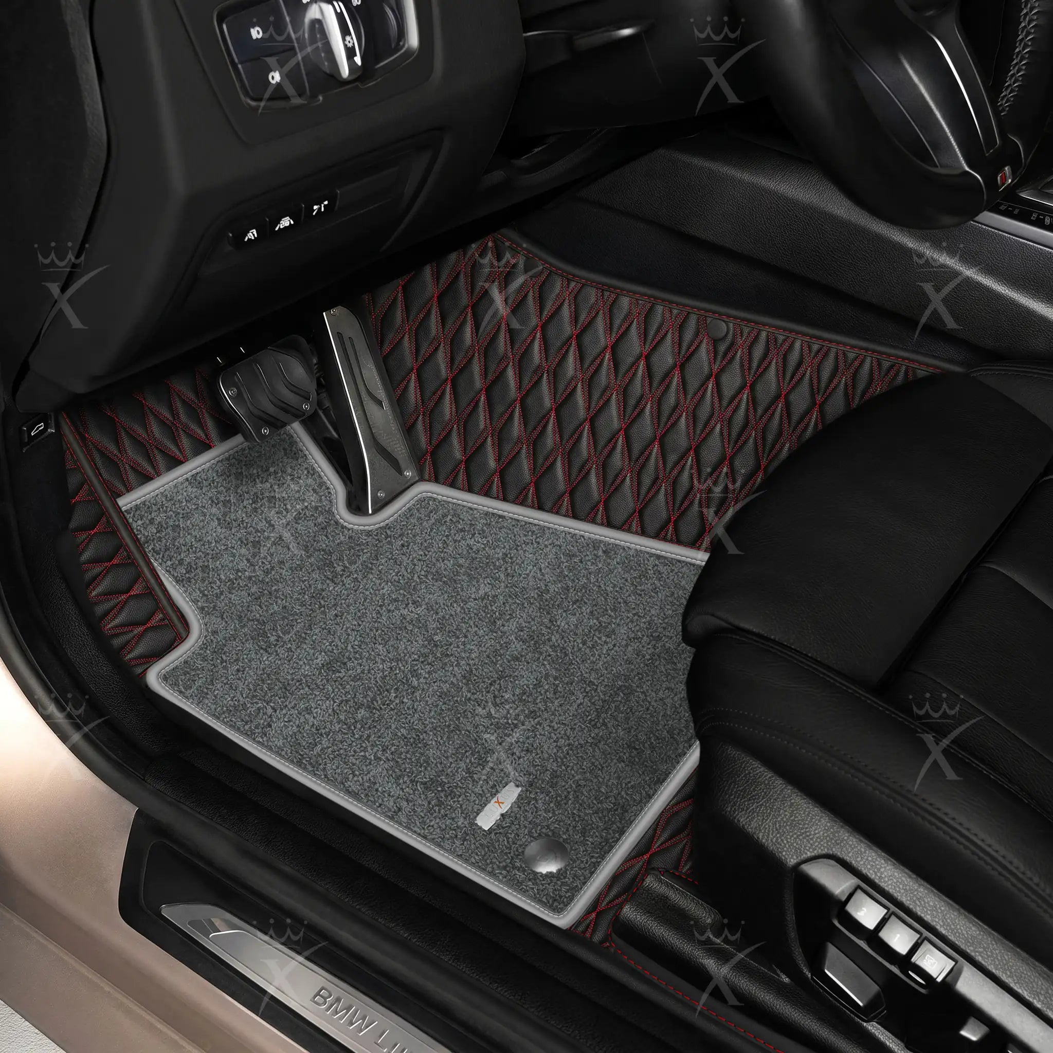 Luxus Twin-Diamond Double Layer Series Floor Mats | Black & Red Stitching & Graphite Shadow Top Carpet