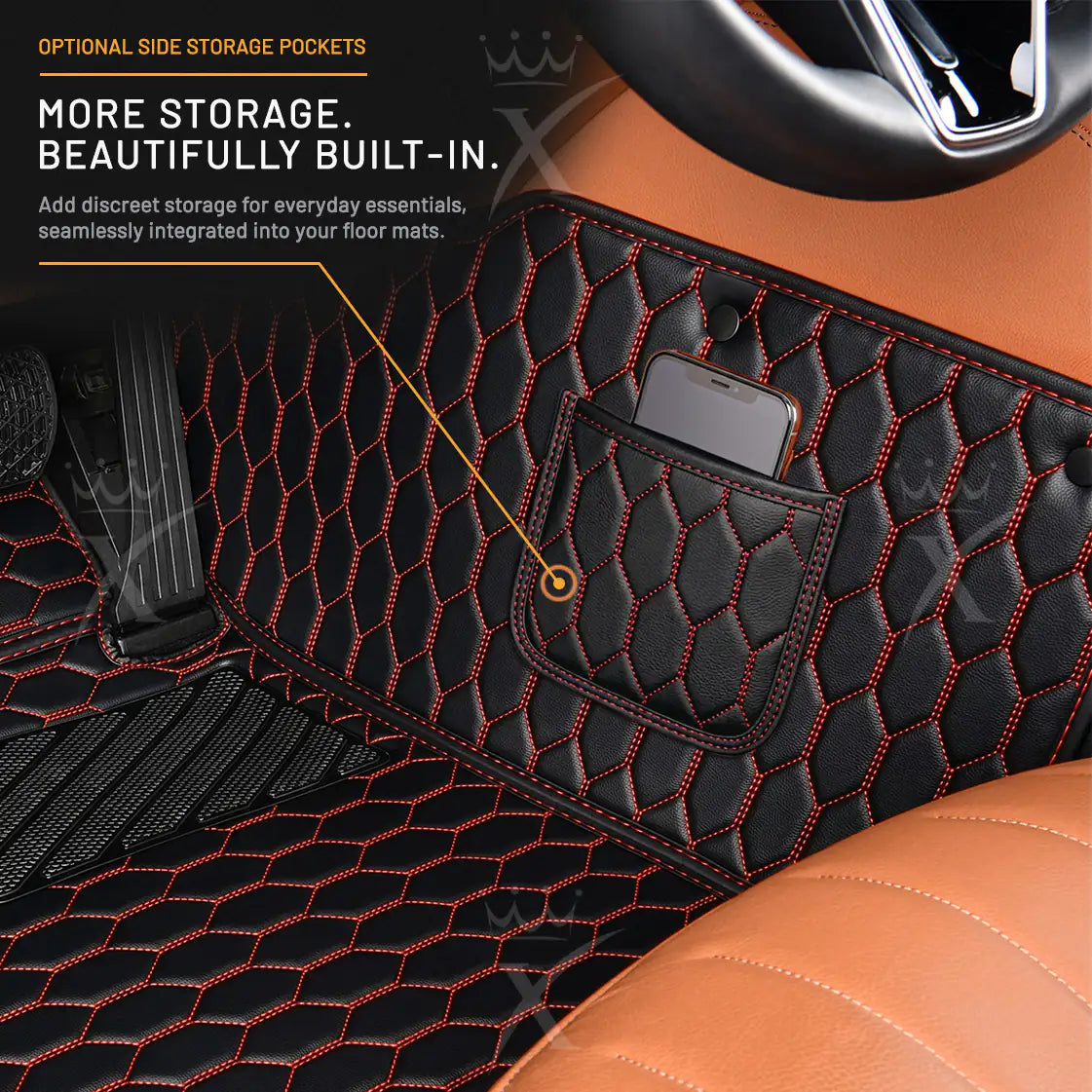 Luxus Honeycomb Double Layer Series Floor Mats | Black & Red Stitching & Gray Top Carpet