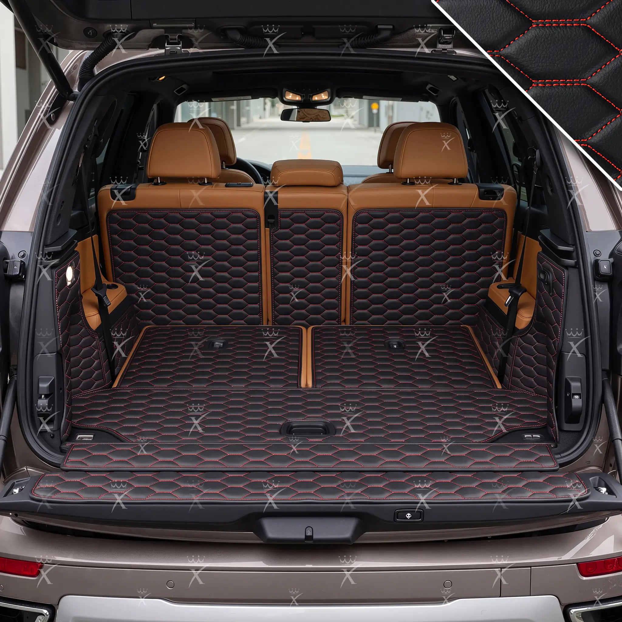 Luxus Honeycomb 360Fit Series Trunk Mat | Black & Red Stitching