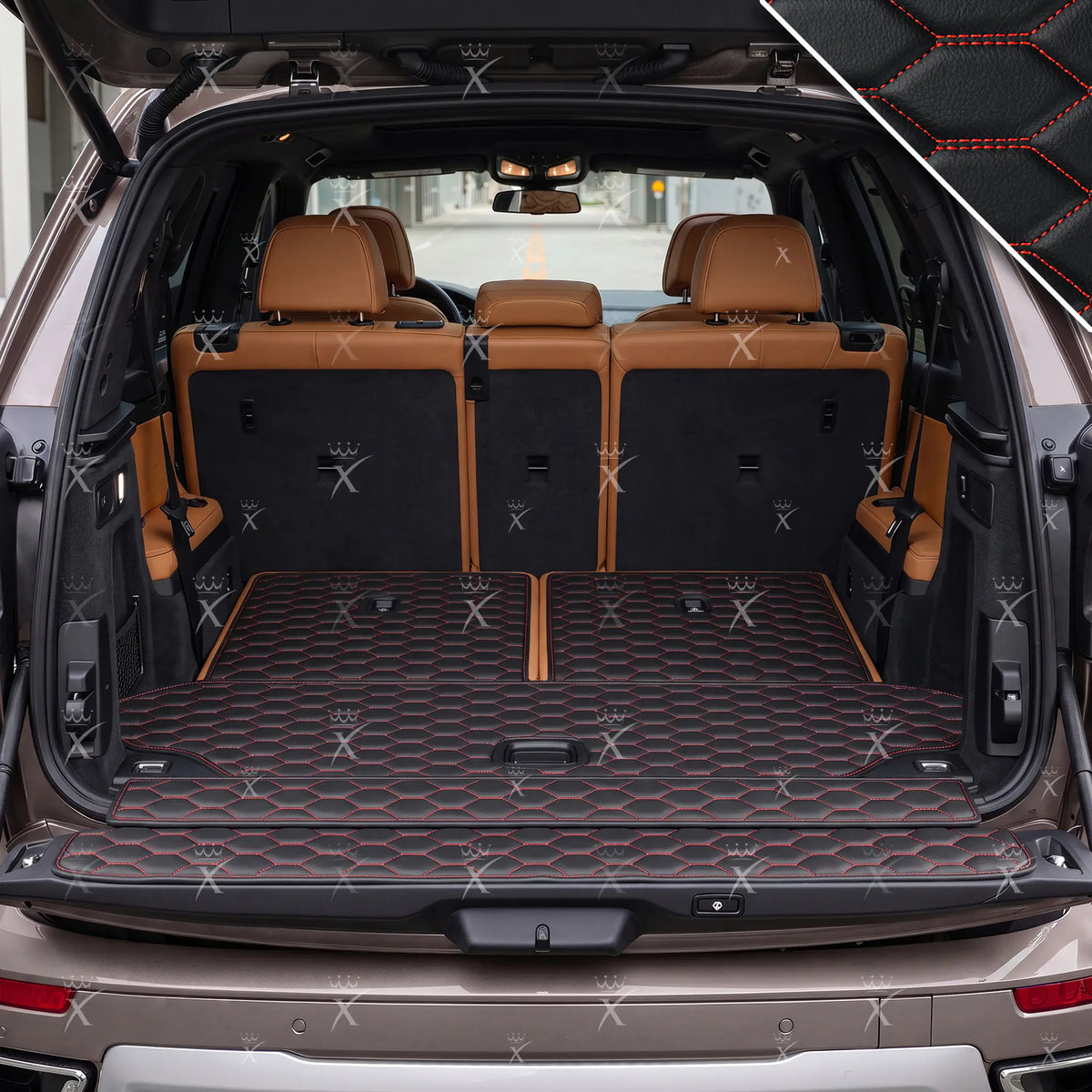 Luxus Honeycomb BaseFit Series Trunk Mat | Black & Red Stitching