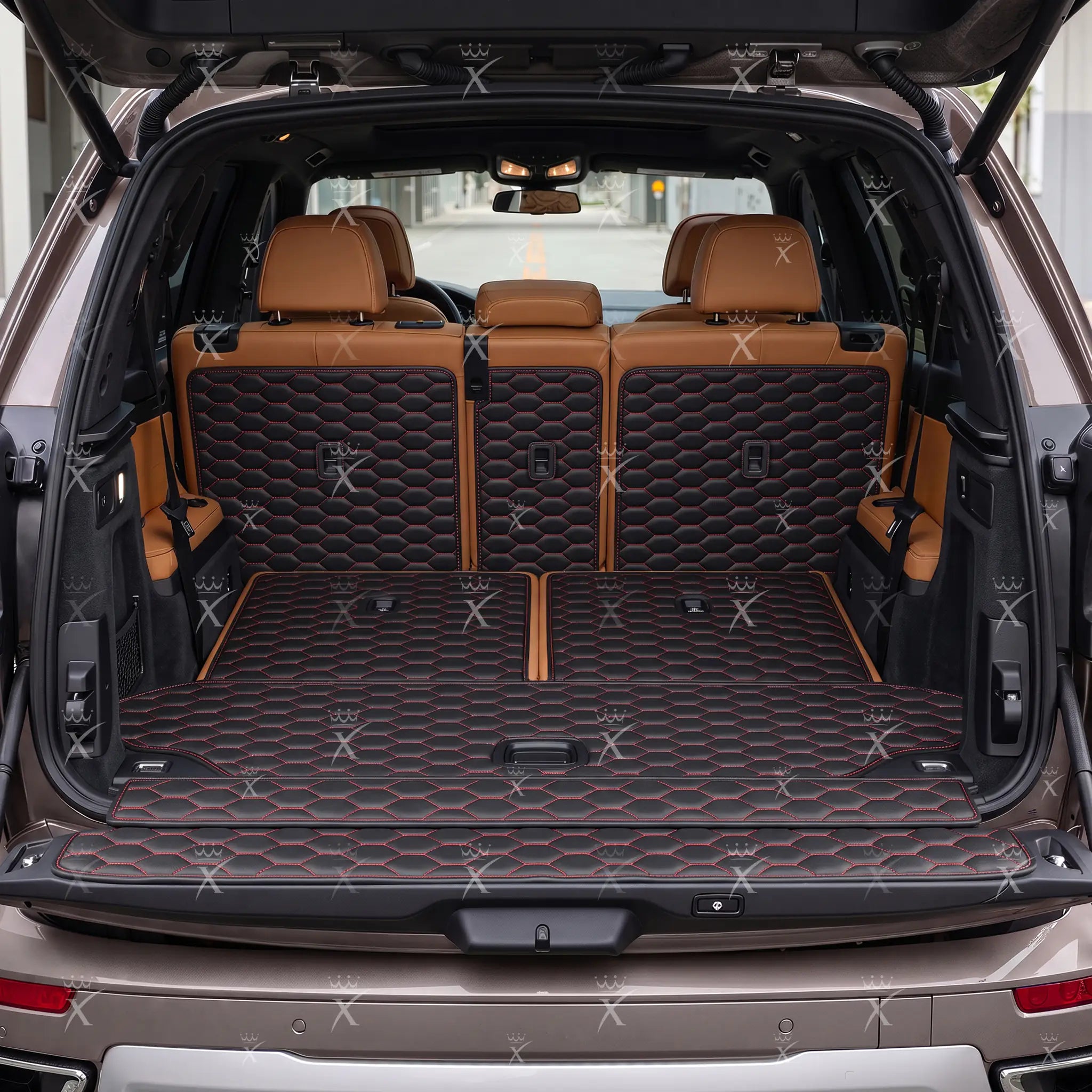 Luxus Honeycomb XtendFit Series Trunk Mat | Black & Red Stitching