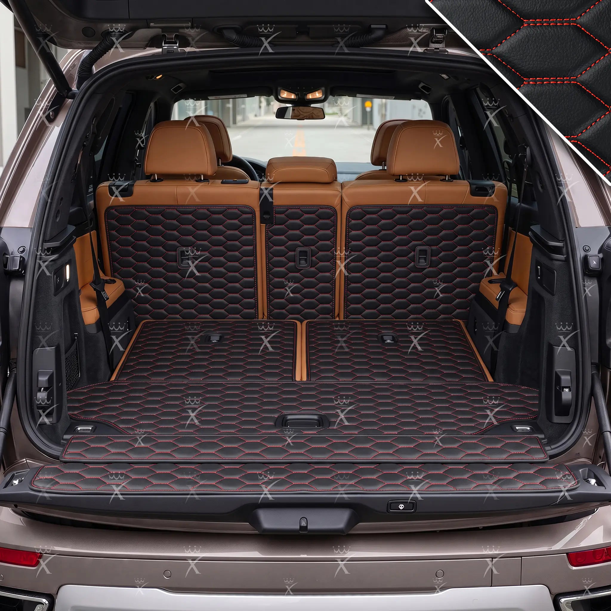 Luxus Honeycomb XtendFit Series Trunk Mat | Black & Red Stitching