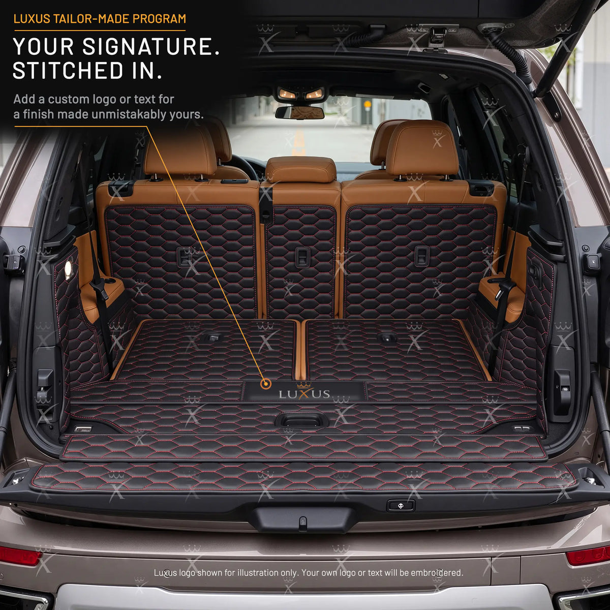 Luxus Honeycomb 360Fit Series Trunk Mat | Black & Red Stitching