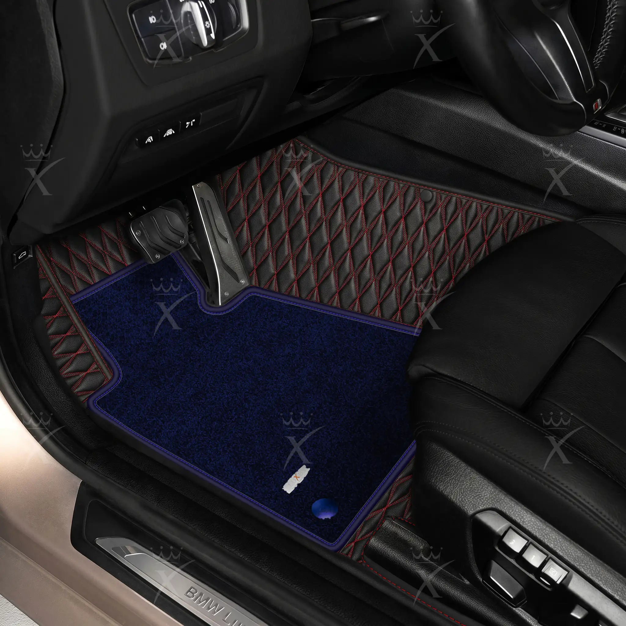 Luxus Twin-Diamond Double Layer Series Floor Mats | Black & Red Stitching & Midnight Navy Top Carpet