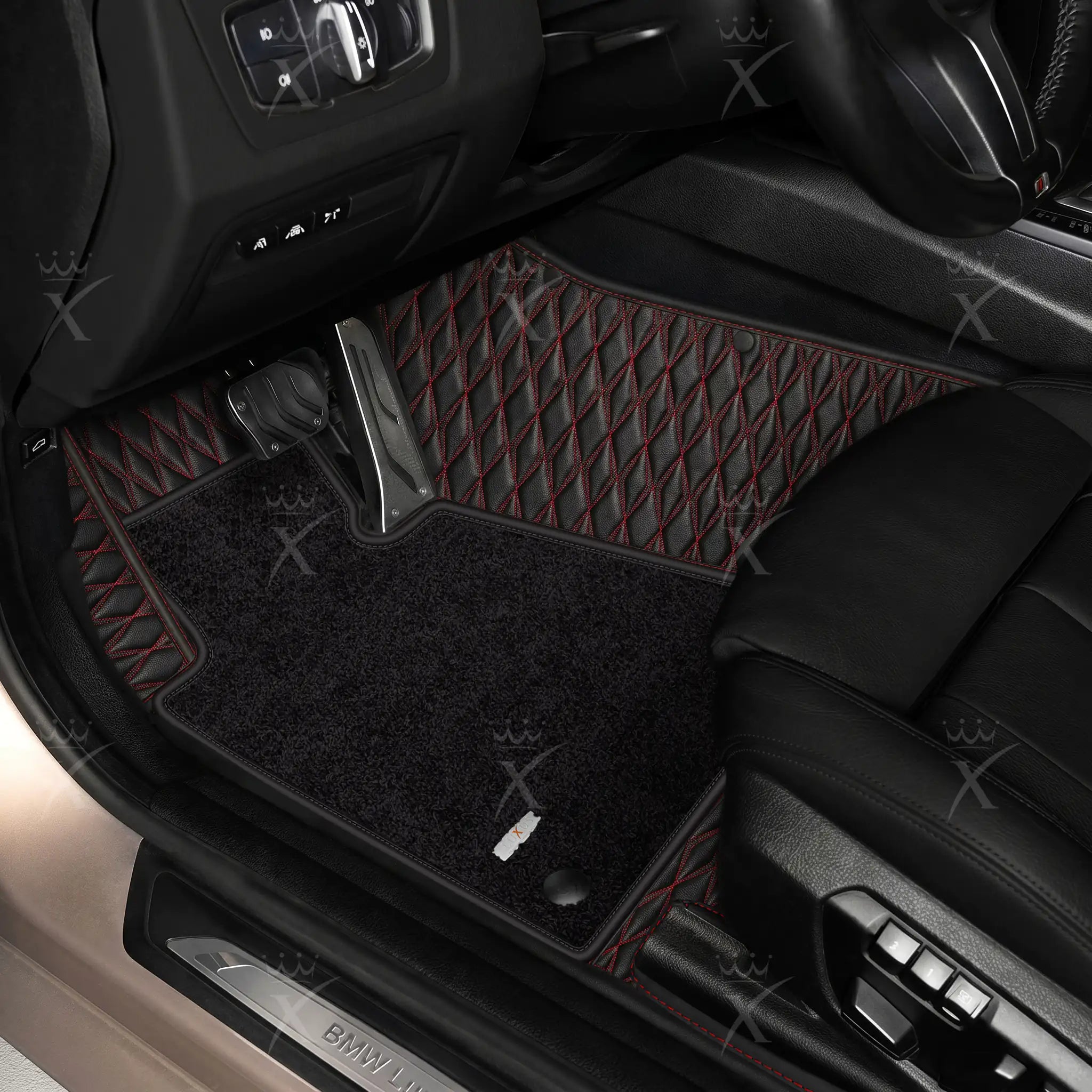 Luxus Twin-Diamond Double Layer Series Floor Mats | Black & Red Stitching & Onyx Charcoal Top Carpet