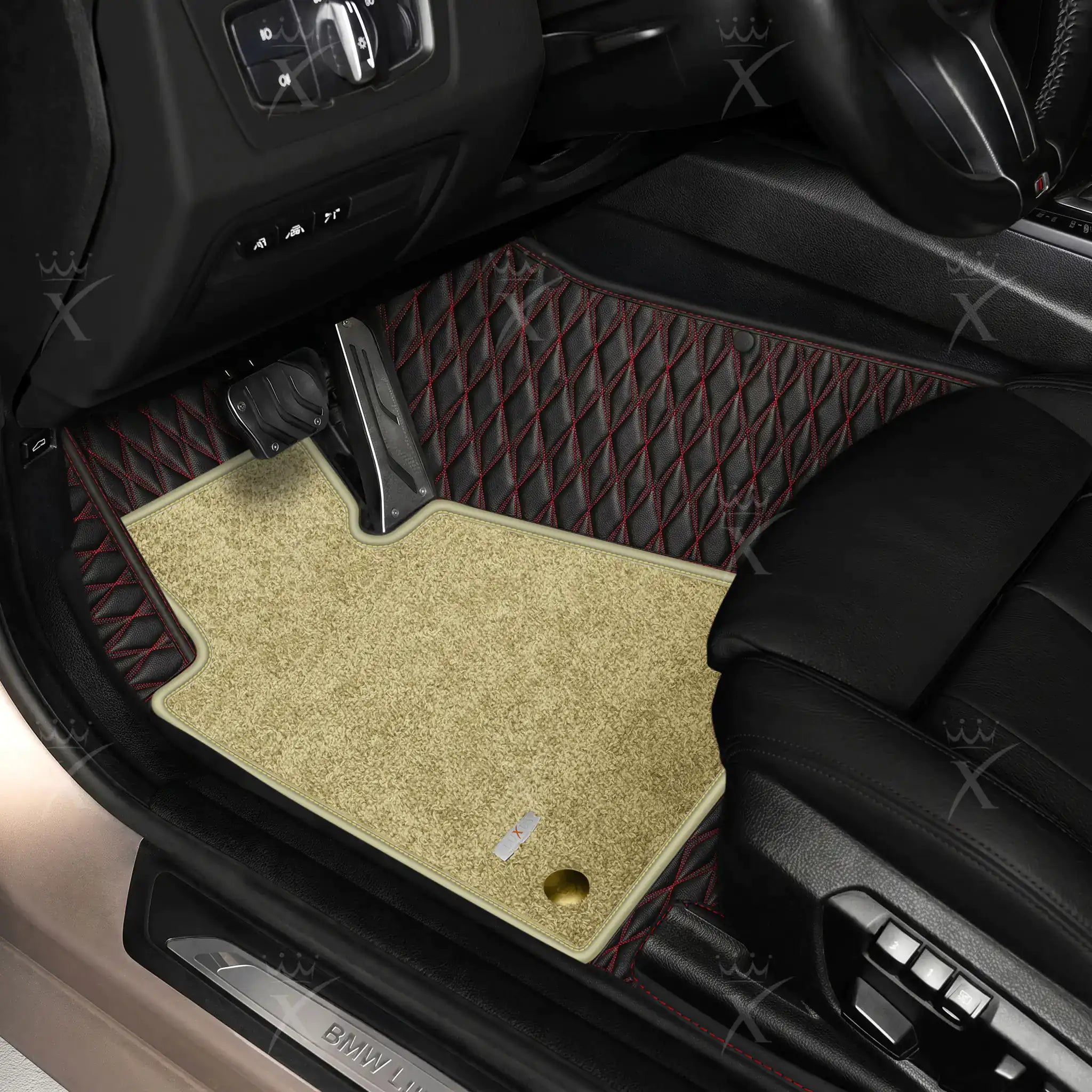 Luxus Twin-Diamond Double Layer Series Floor Mats | Black & Red Stitching & Sahara Stone Top Carpet