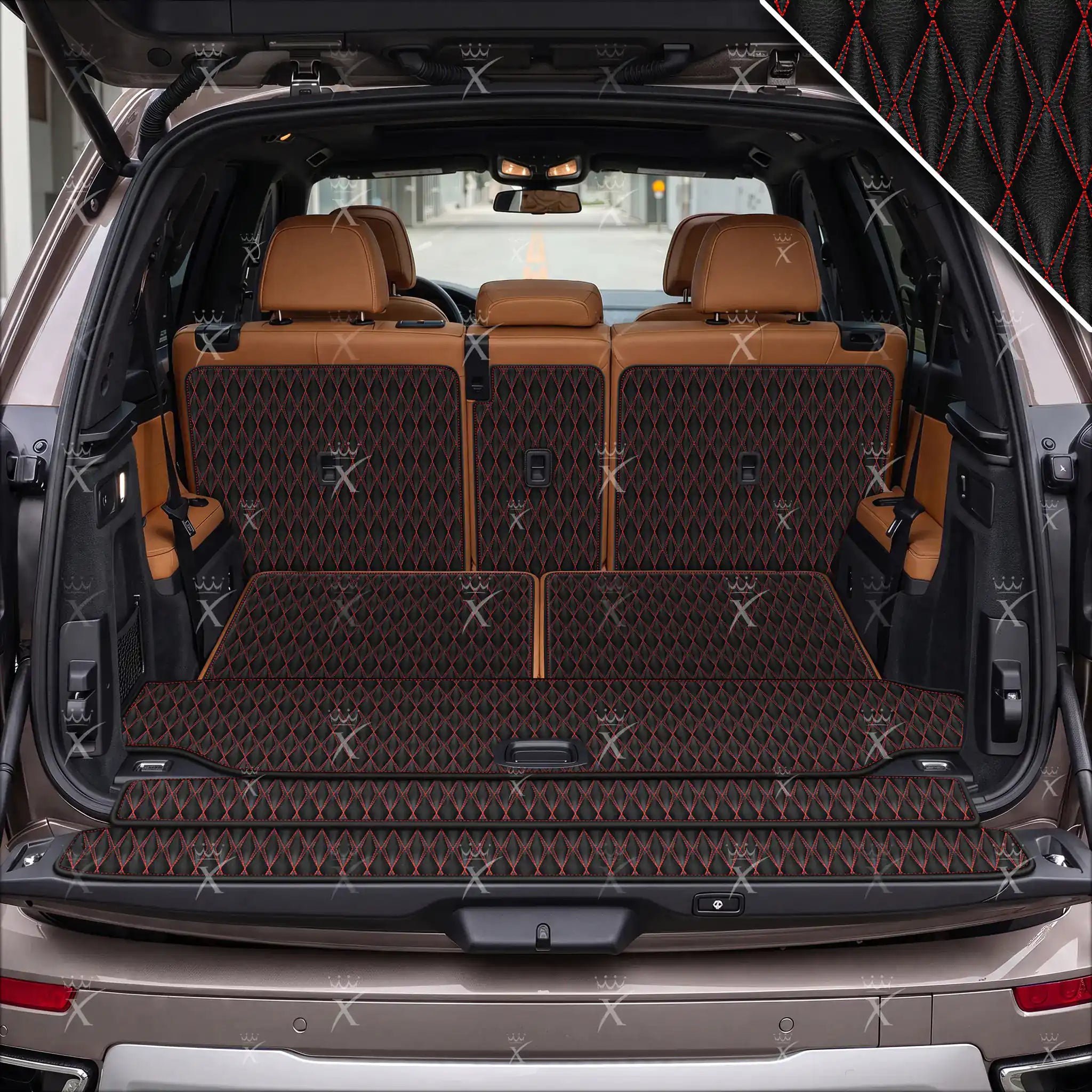 Luxus Car Mats™ – 3D-Luxus-Leder-Kofferraum-/Kofferraummatte in Schwarz und Schwarz mit Nähten