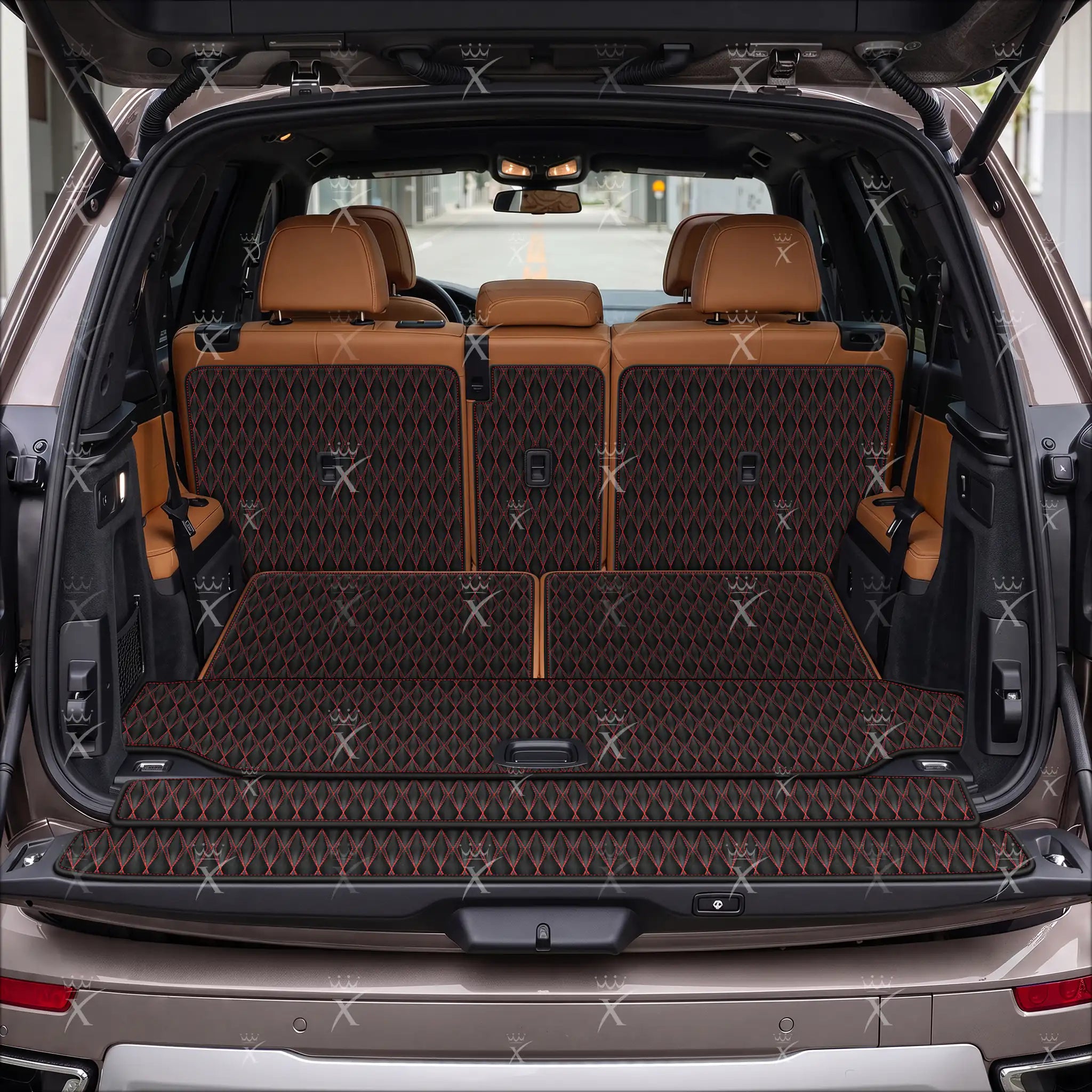 Luxus Car Mats™ – 3D-Luxus-Leder-Kofferraum-/Kofferraummatte in Schwarz und Schwarz mit Nähten