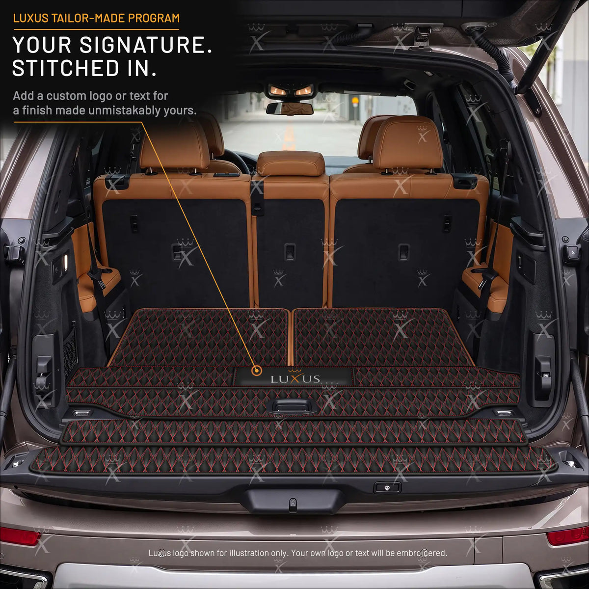 Luxus Twin-Diamond BaseFit Series Trunk Mat | Black & Red Stitching
