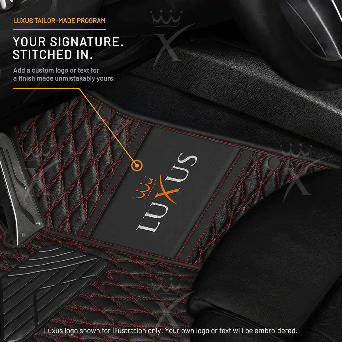 Luxus Twin-Diamond Double Layer Series Floor Mats | Black & Red Stitching & Sahara Stone Top Carpet