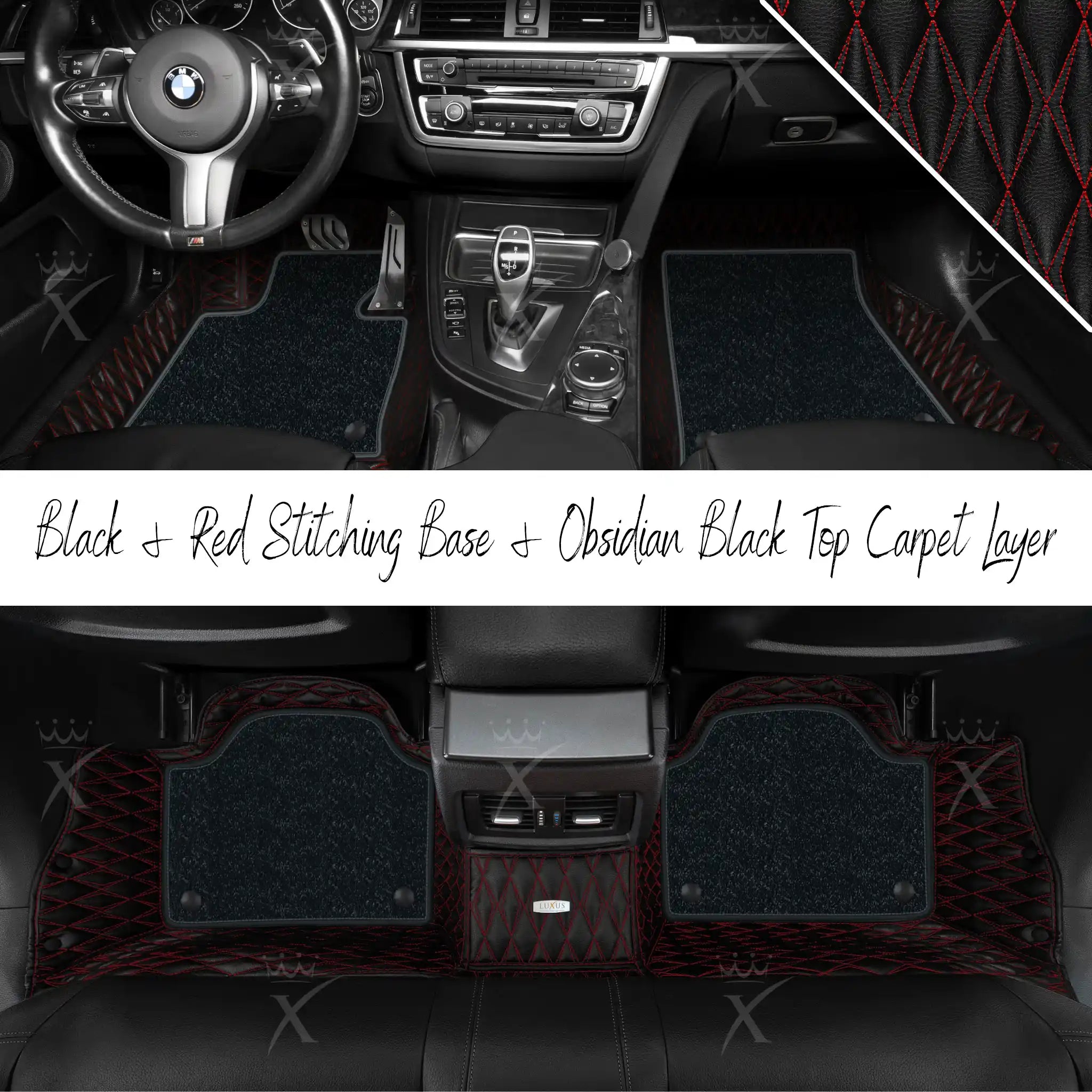 Black & Red Stitching Twin Diamond & Obsidian Black Carpet | Double Layer Luxury Car Mats Set