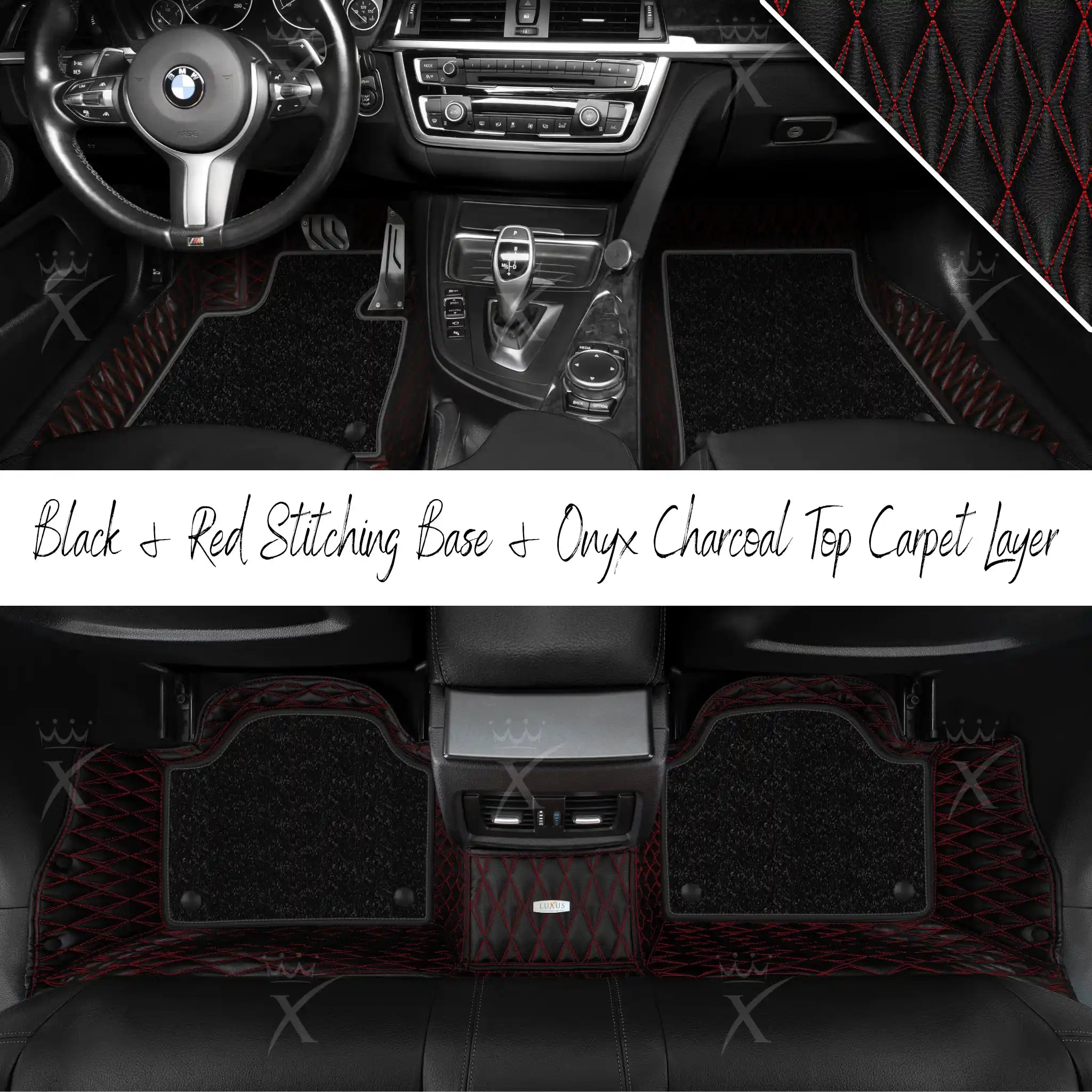 Black & Red Stitching Twin Diamond & Onyx Charcoal Carpet | Double Layer Luxury Car Mats Set