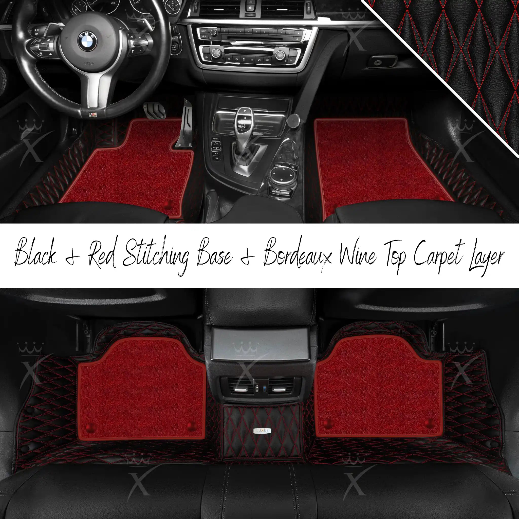 Black & Red Stitching Twin Diamond & Bordeaux Wine Carpet | Double Layer Luxury Car Mats Set
