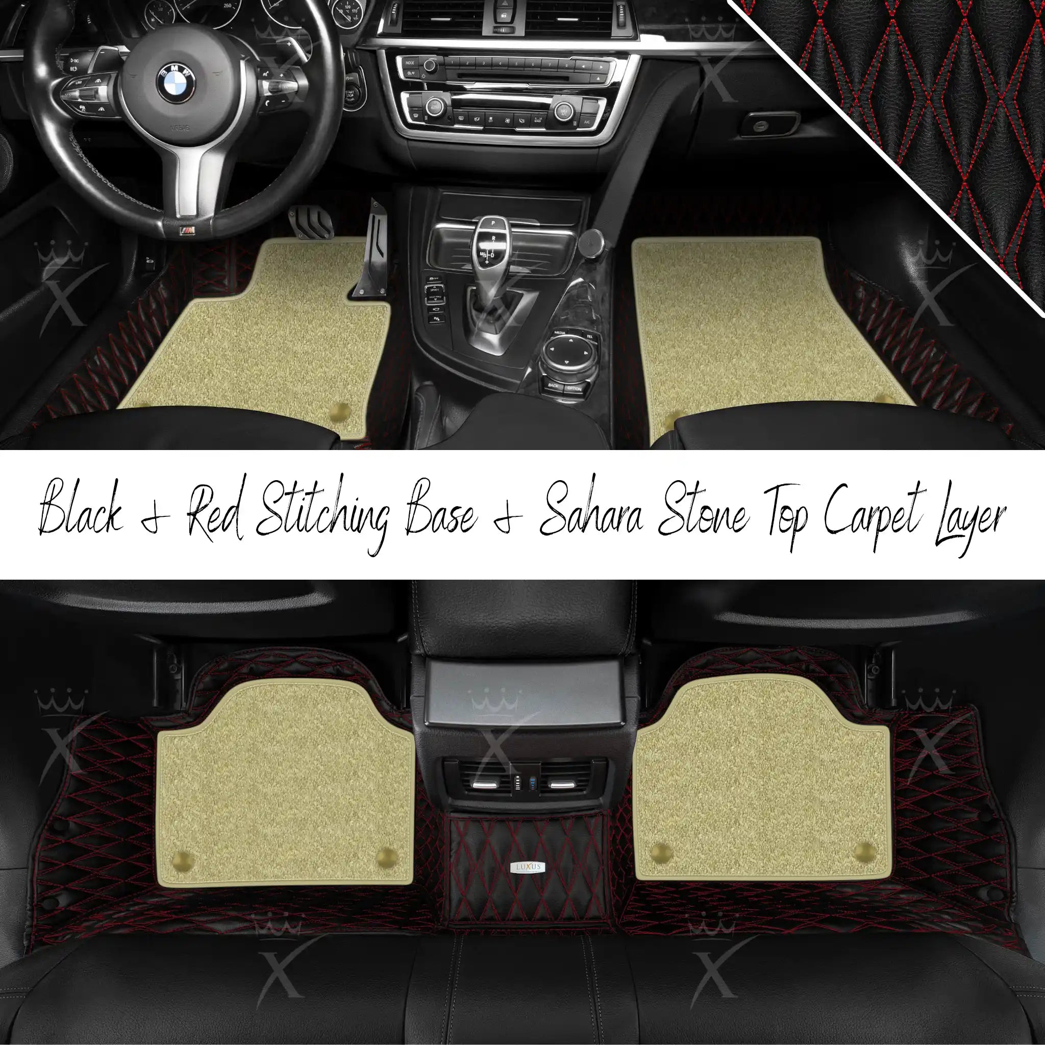 Black & Red Stitching Twin Diamond & Sahara Stone Carpet | Double Layer Luxury Car Mats Set